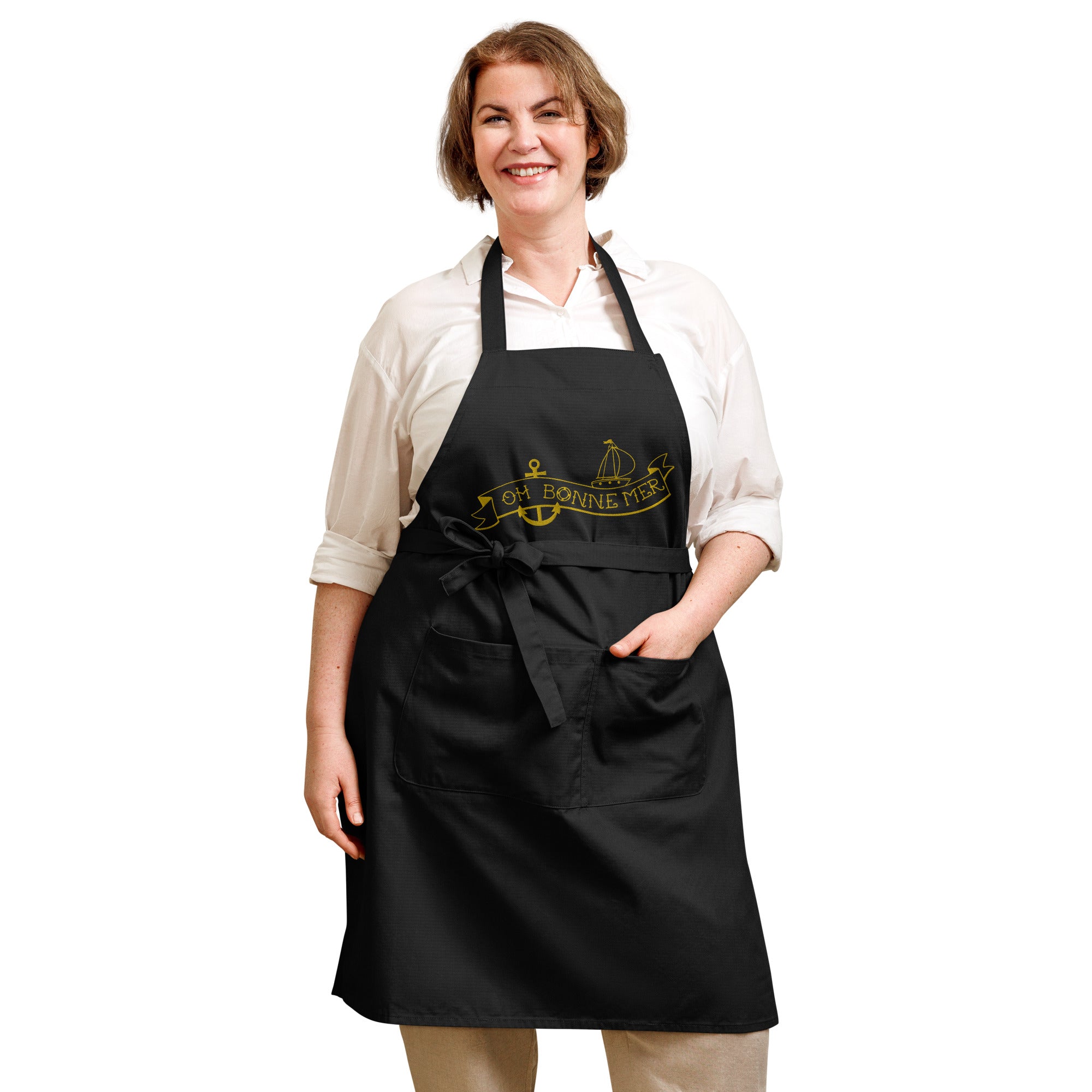 Organic cotton apron Oh Bonne Mer Tattoo large gold embroidered pattern