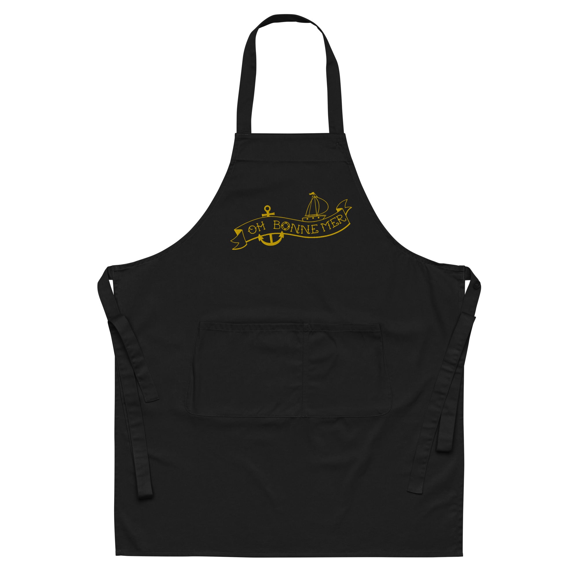 Organic cotton apron Oh Bonne Mer Tattoo large gold embroidered pattern