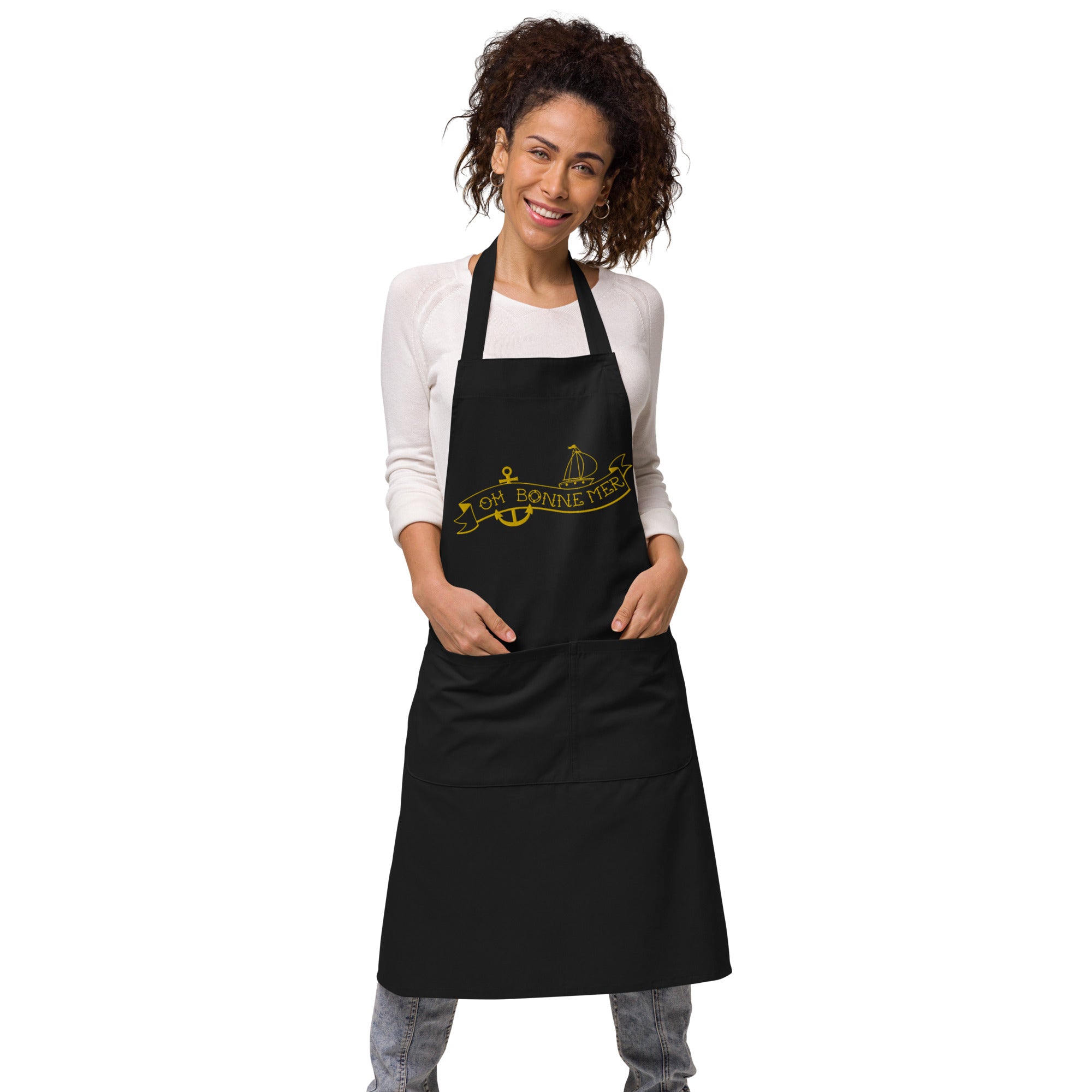Organic cotton apron Oh Bonne Mer Tattoo large gold embroidered pattern
