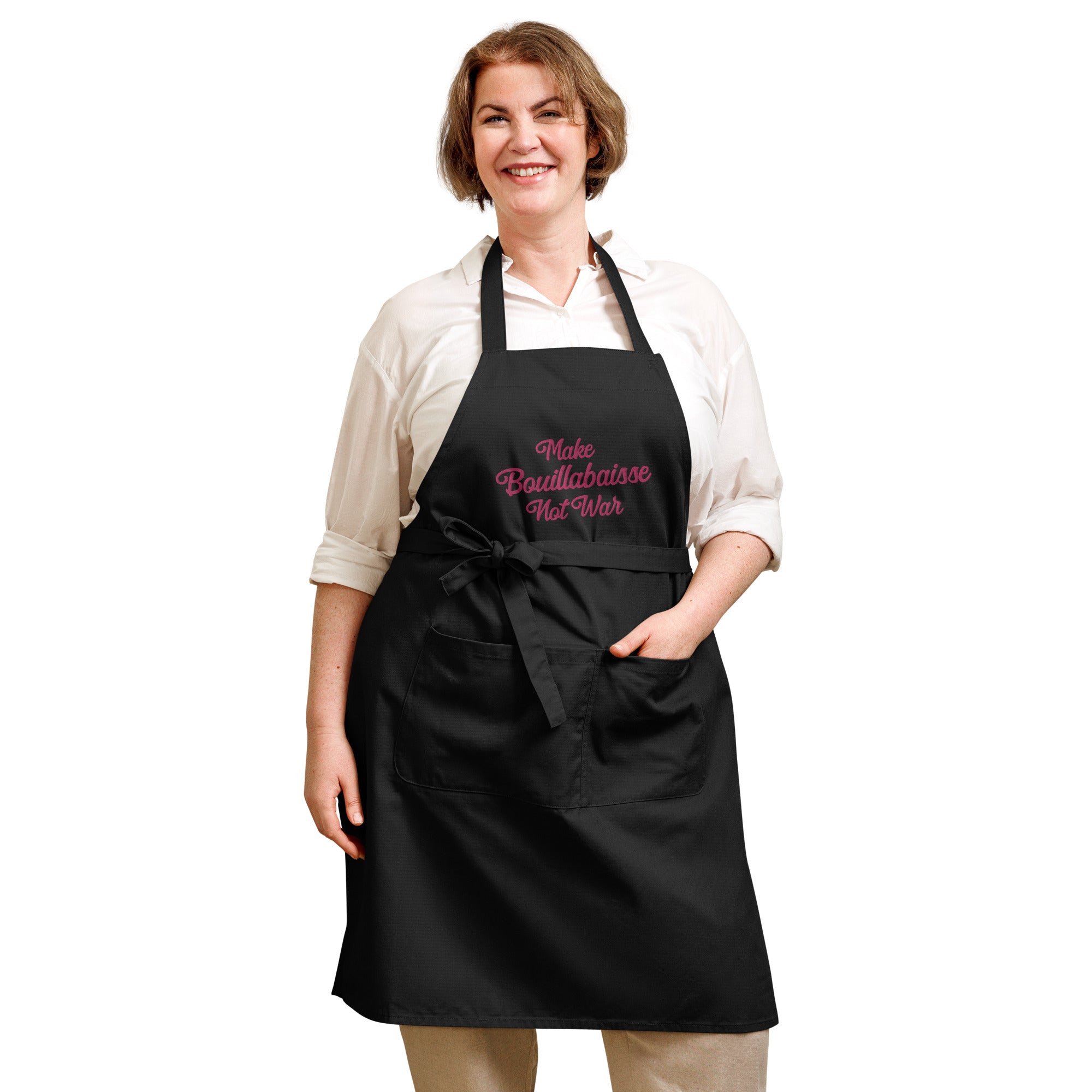 Organic cotton apron Make Bouillabaisse Not War large flamingo embroidered pattern