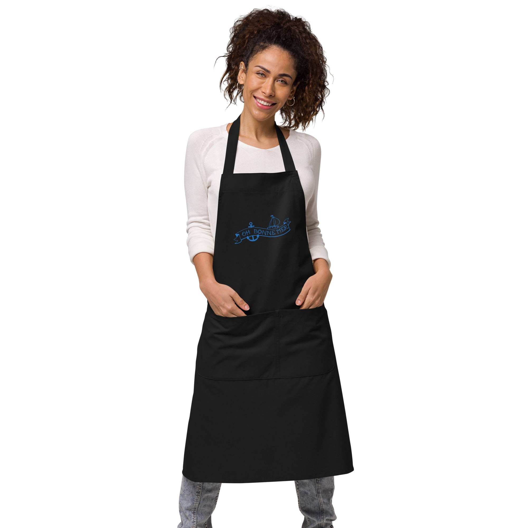 Organic cotton apron Oh Bonne Mer Tattoo blue avio embroidered pattern