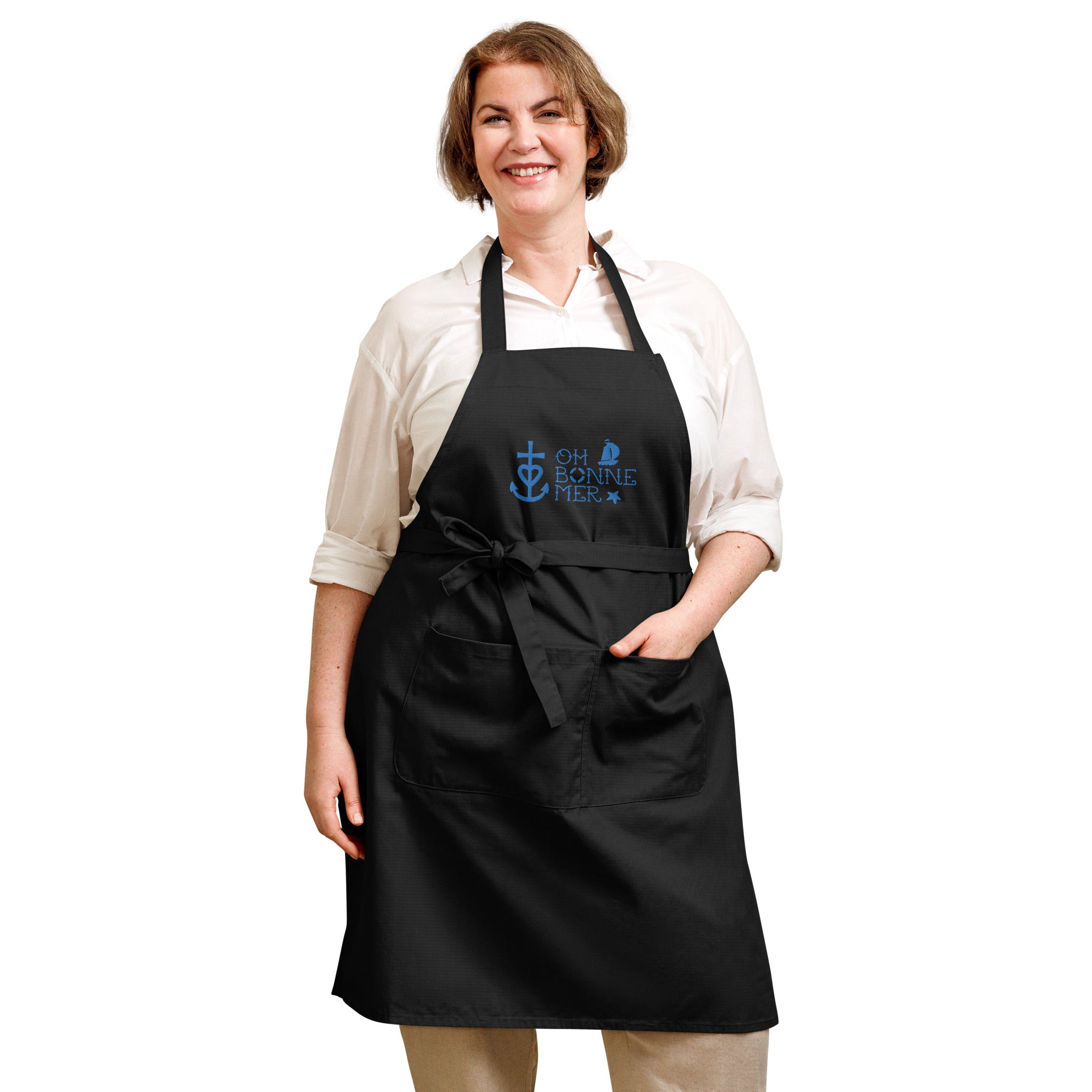 Organic cotton apron Oh Bonne Mer 2 large blue avio embroidered pattern