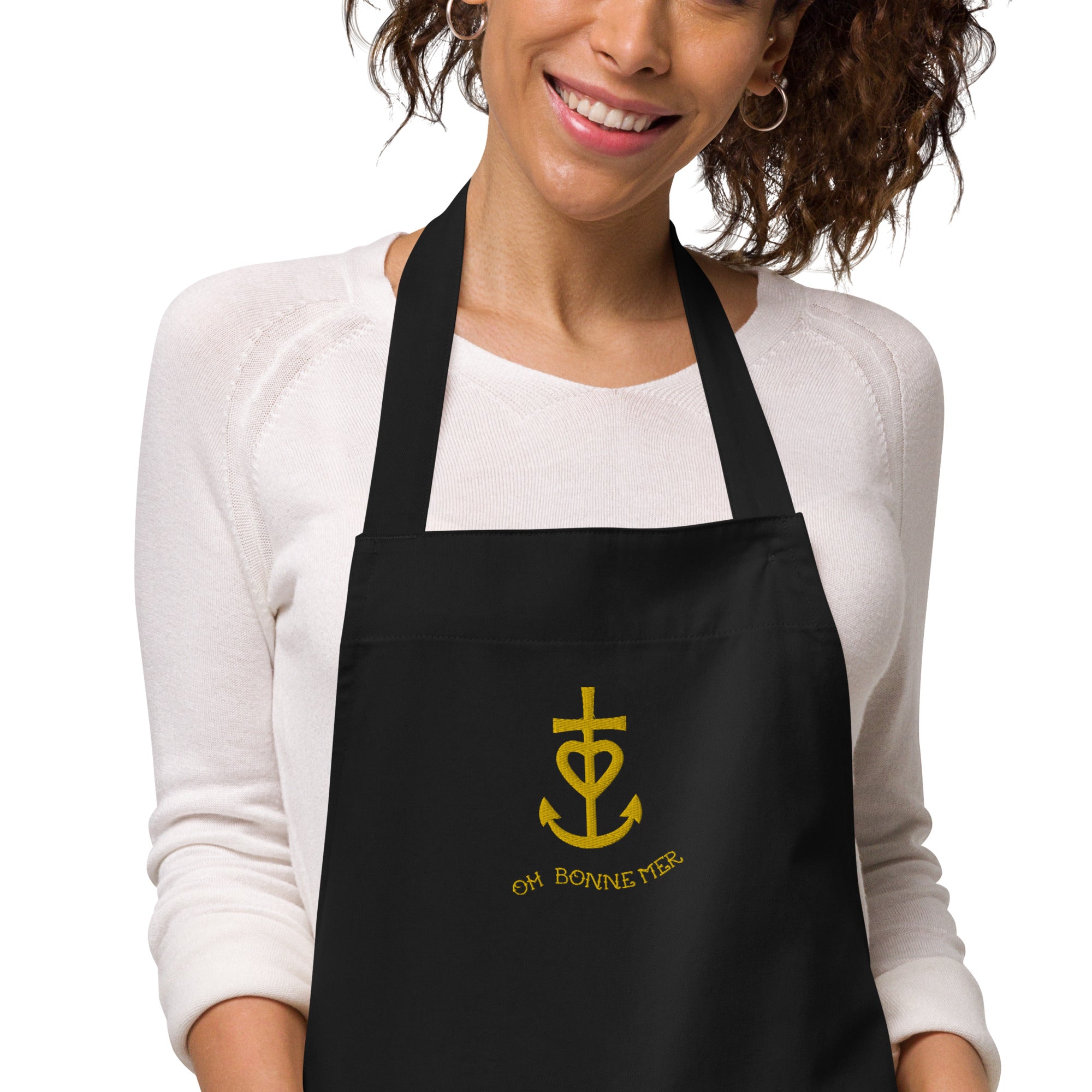 Organic cotton apron Camargue Cross gold embroidered pattern