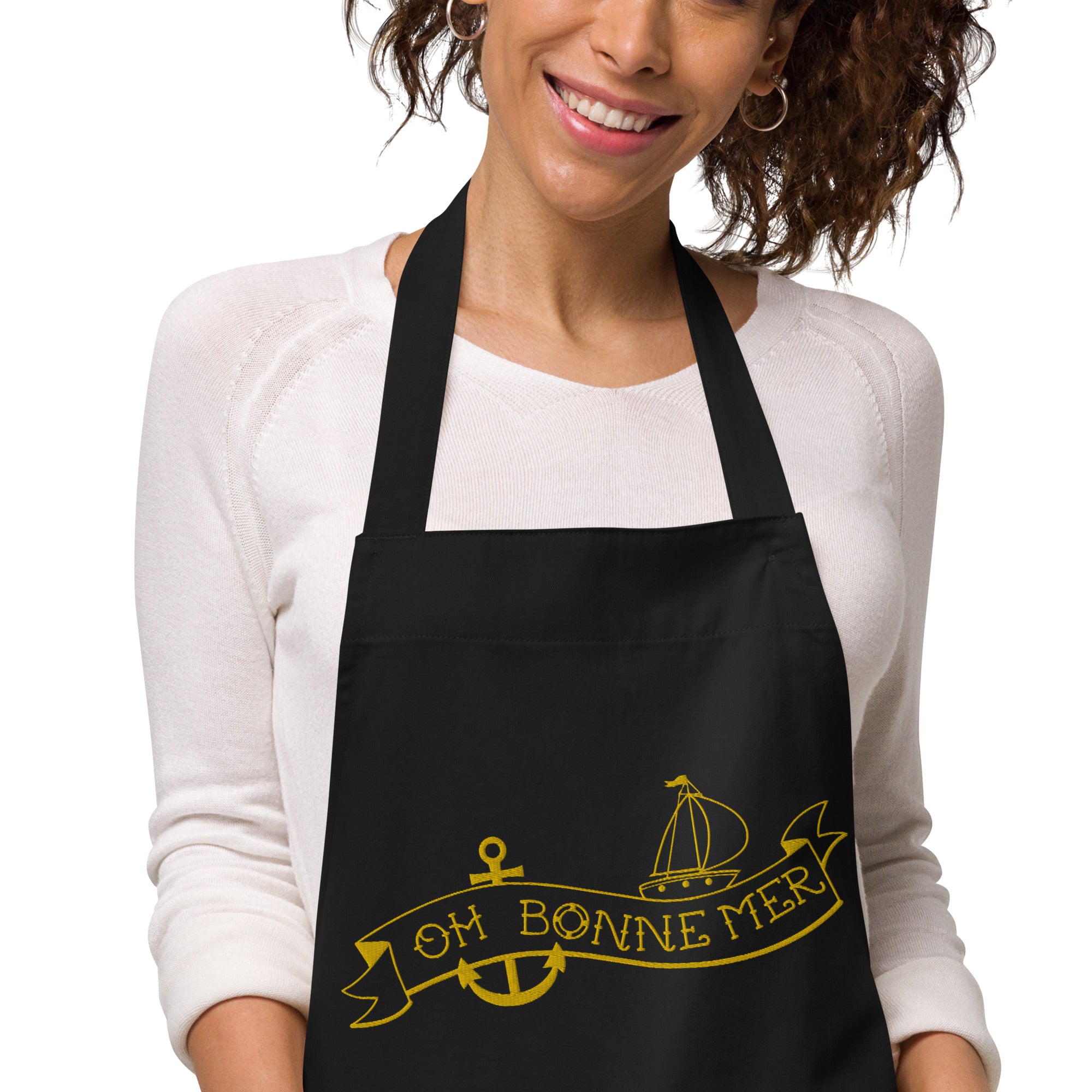 Organic cotton apron Oh Bonne Mer Tattoo large gold embroidered pattern