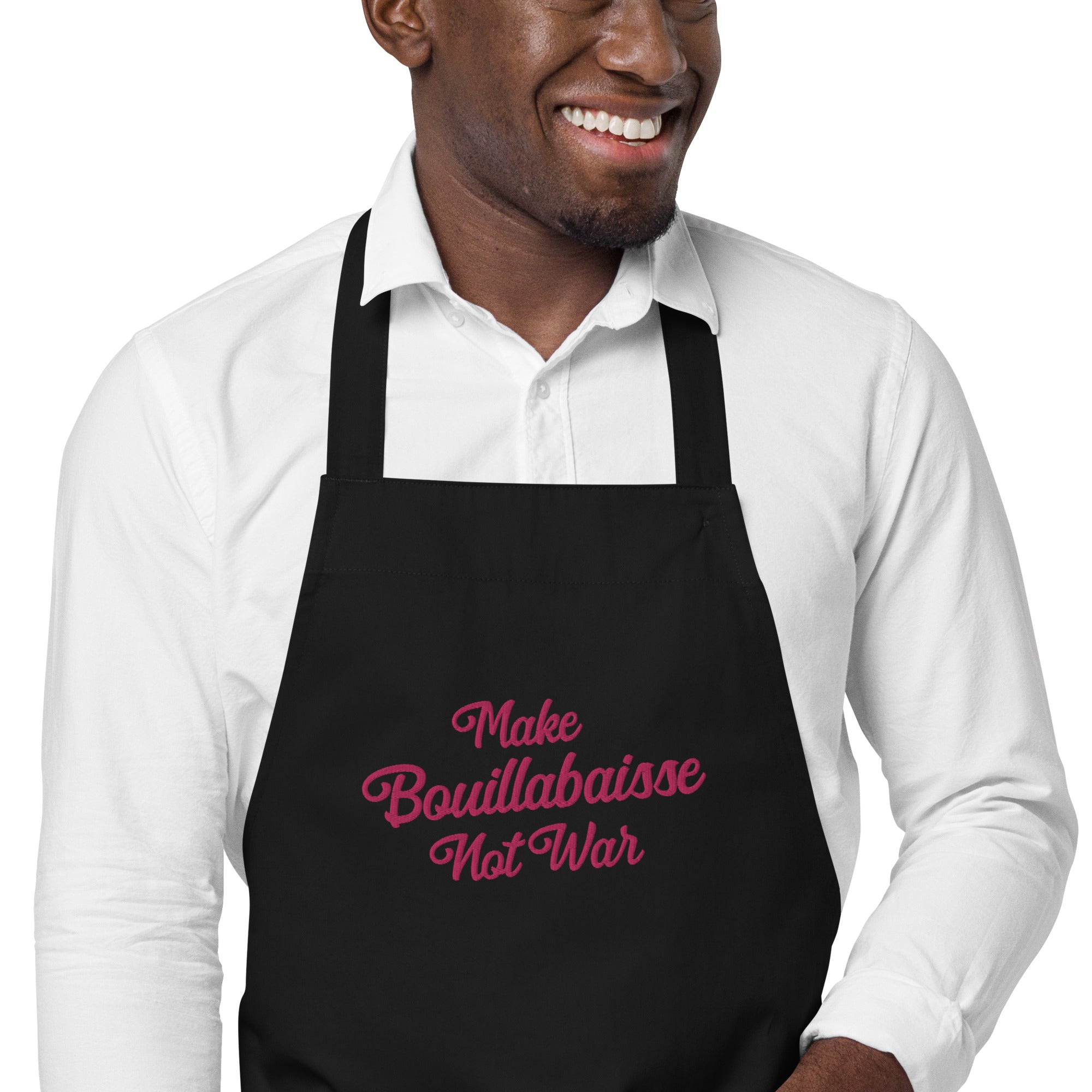 Tablier en coton biologique Make Bouillabaisse Not War Flamingo grand motif brodé