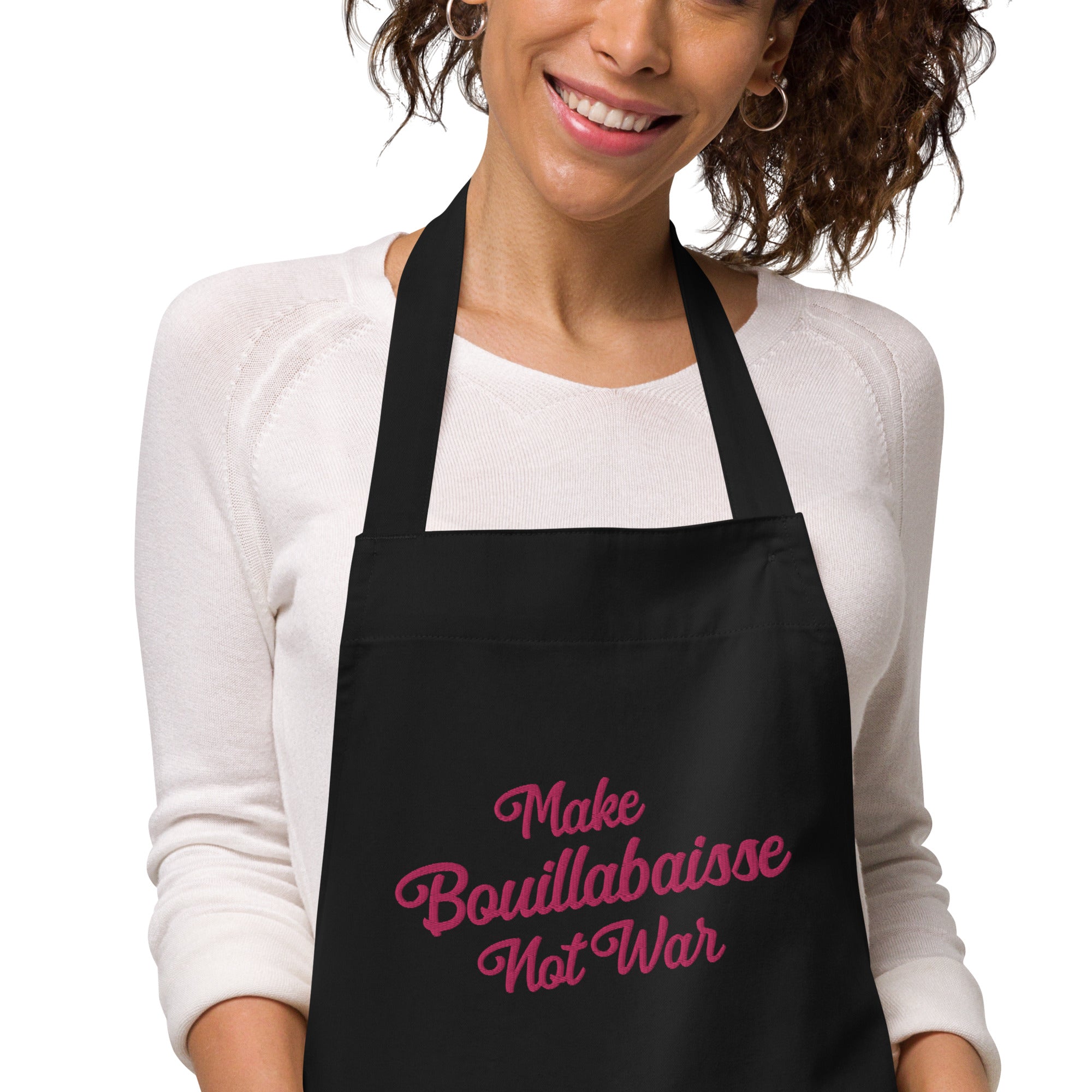 Tablier en coton biologique Make Bouillabaisse Not War Flamingo grand motif brodé