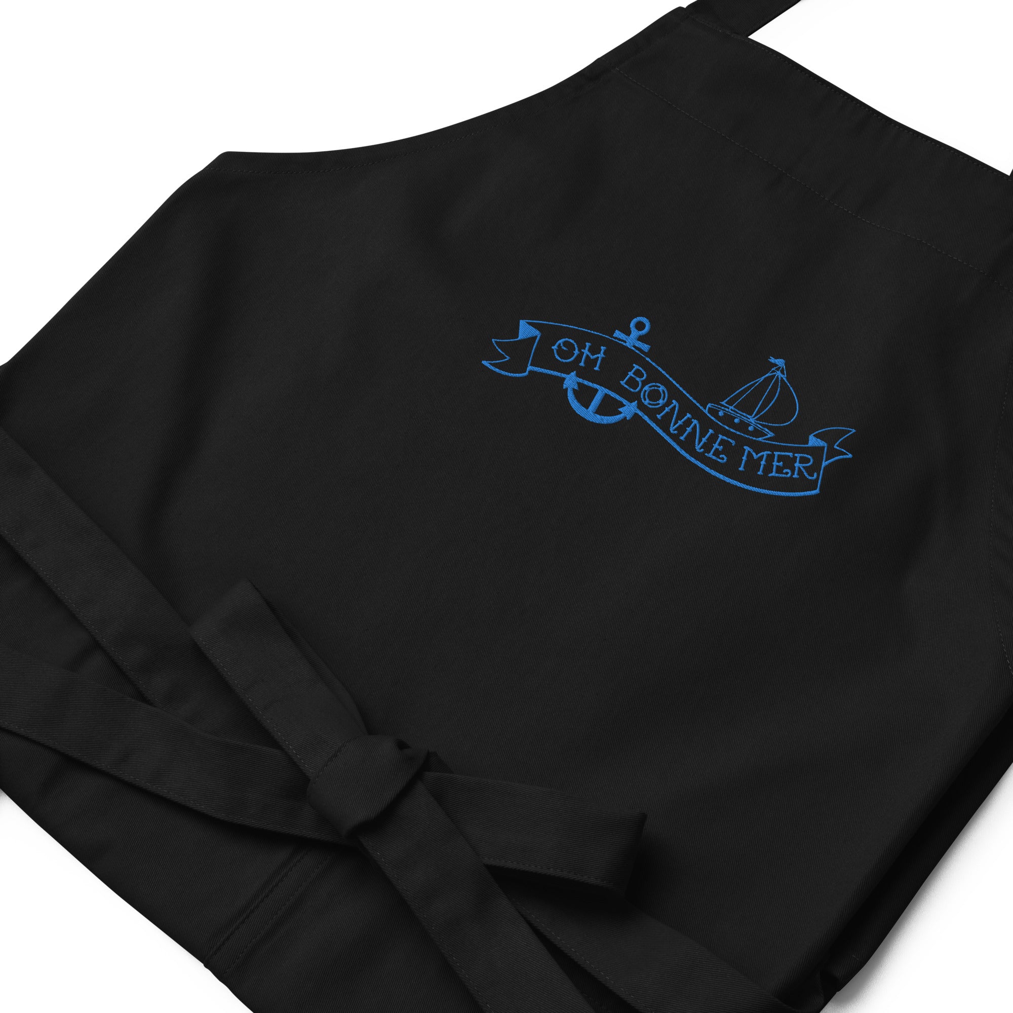 Organic cotton apron Oh Bonne Mer Tattoo blue avio embroidered pattern