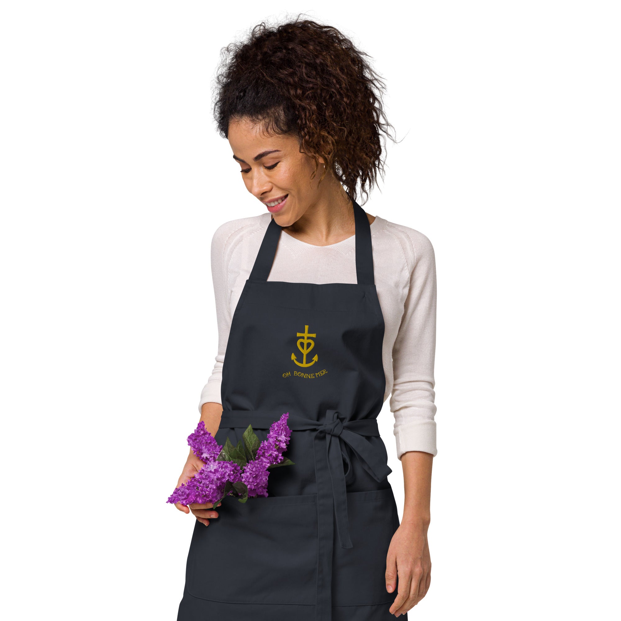 Organic cotton apron Camargue Cross gold embroidered pattern