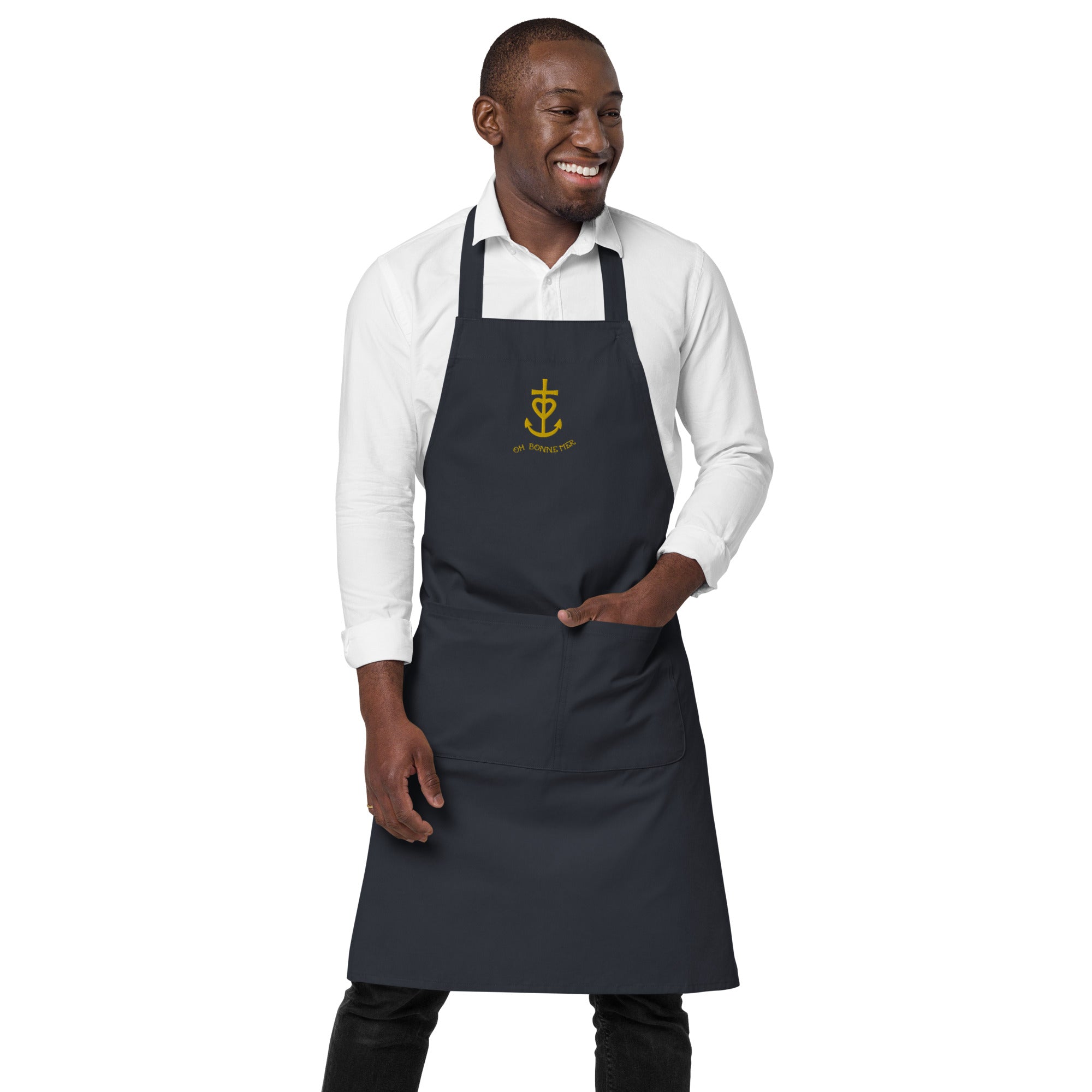 Organic cotton apron Camargue Cross gold embroidered pattern