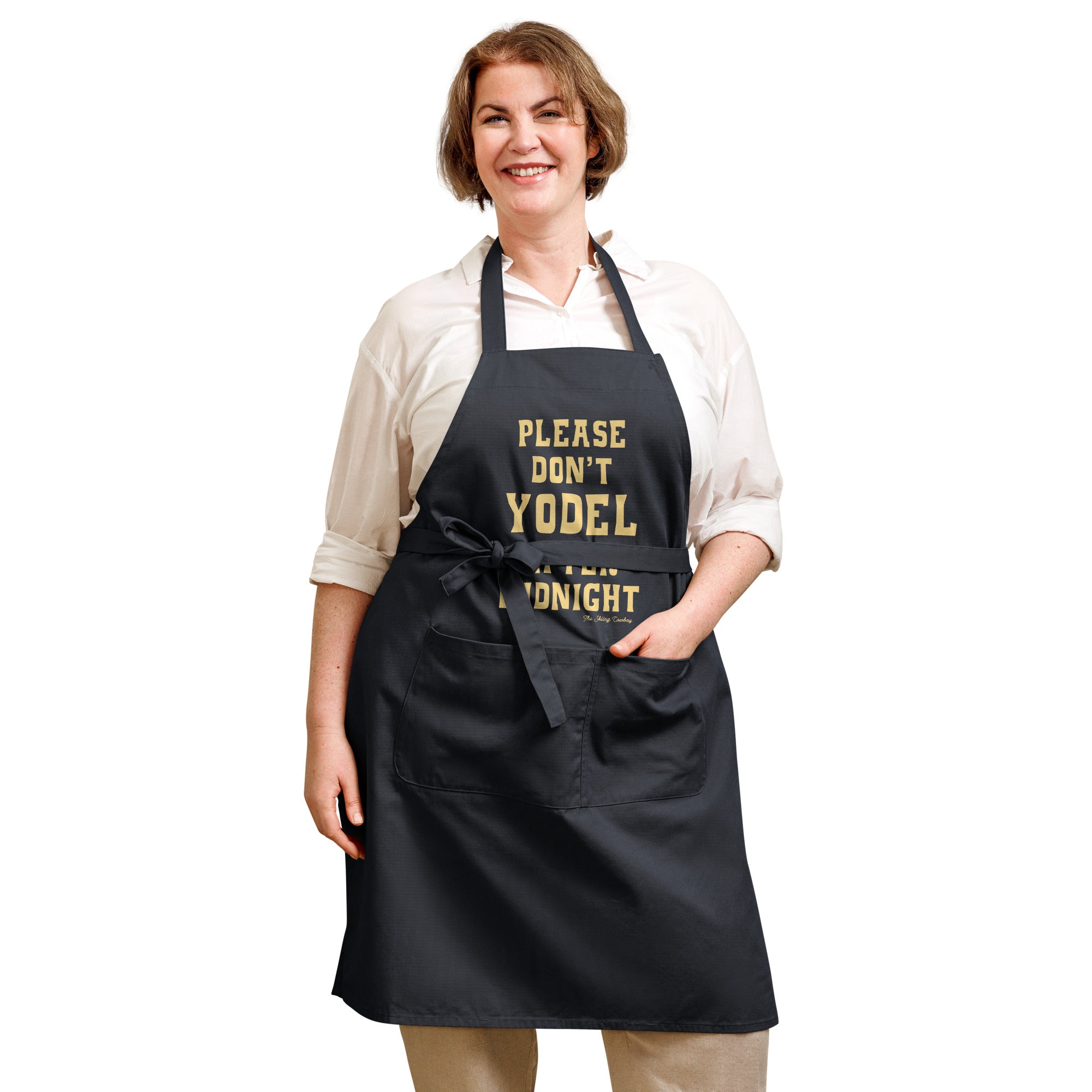 Organic cotton apron Don't Yodel After Midnight light text