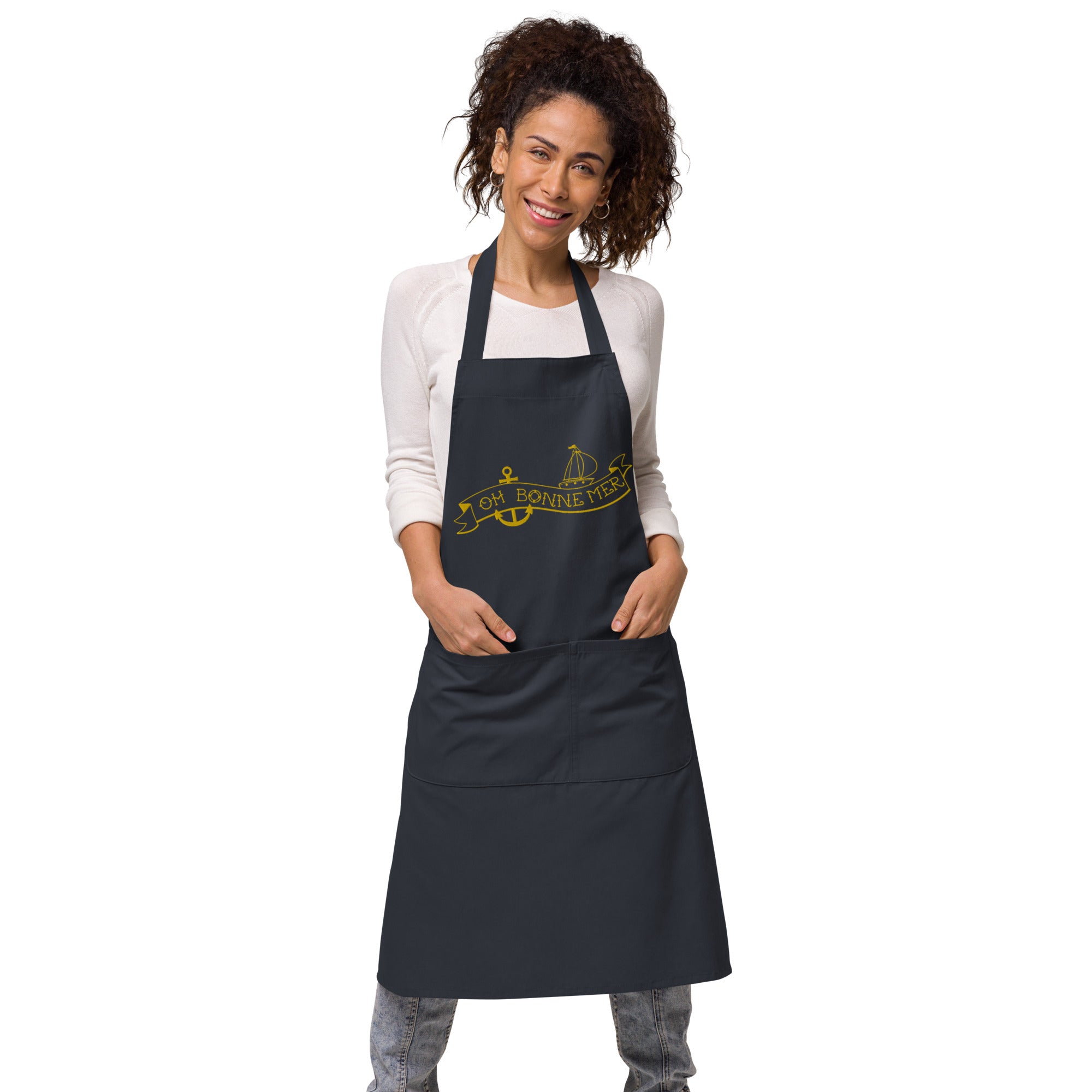 Organic cotton apron Oh Bonne Mer Tattoo large gold embroidered pattern