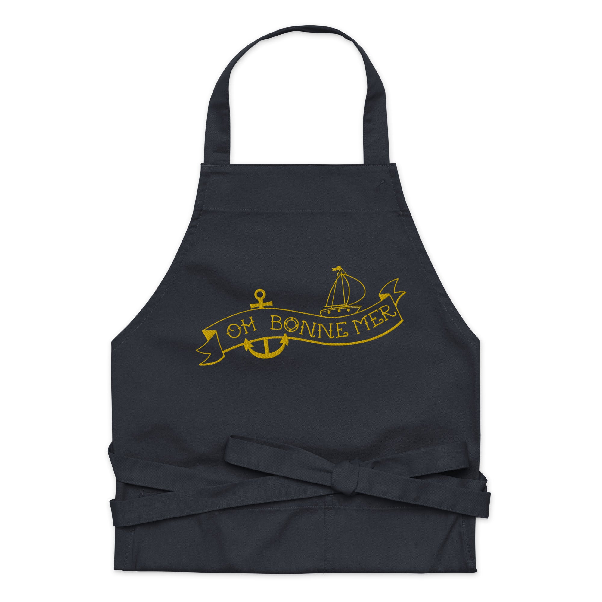 Organic cotton apron Oh Bonne Mer Tattoo large gold embroidered pattern