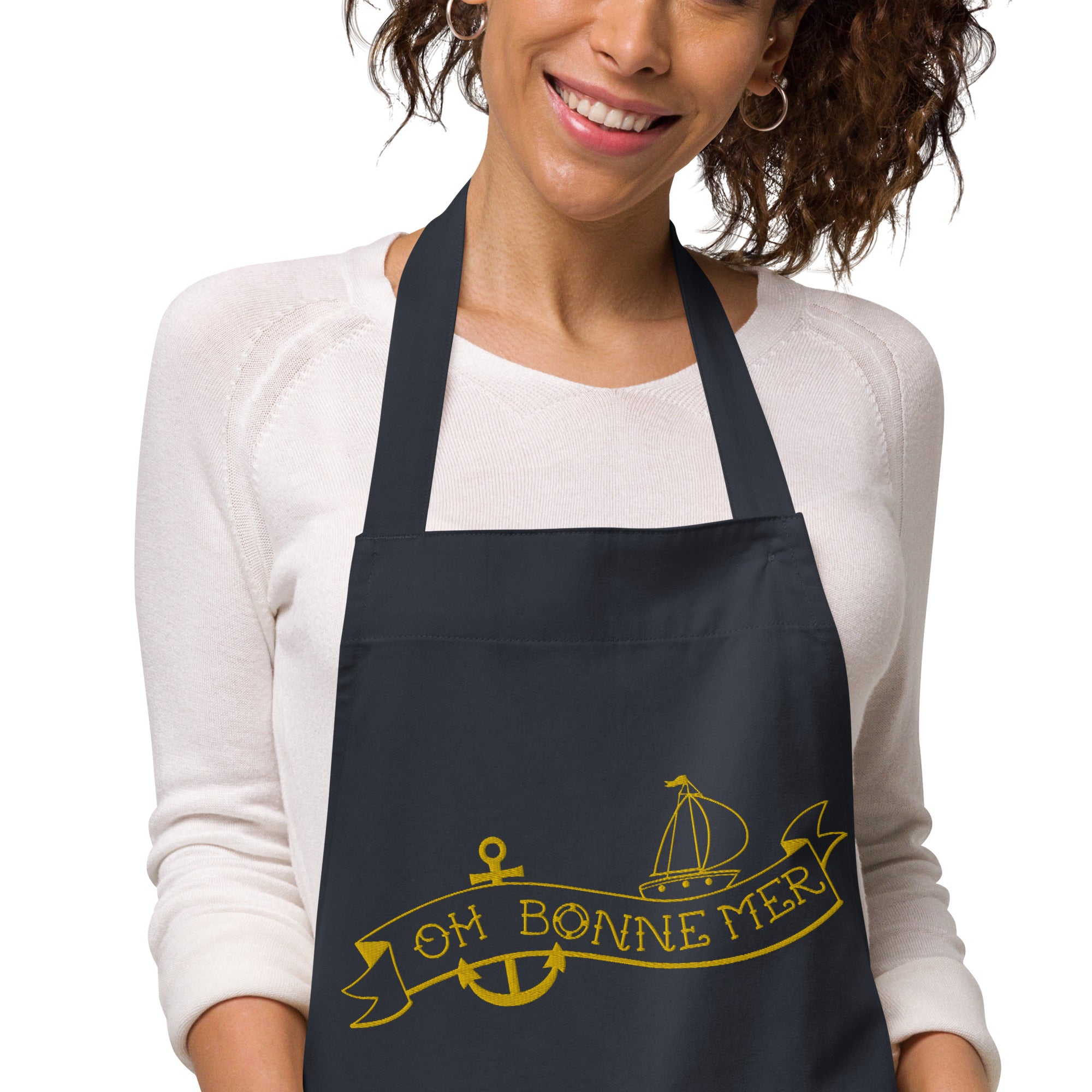Organic cotton apron Oh Bonne Mer Tattoo large gold embroidered pattern
