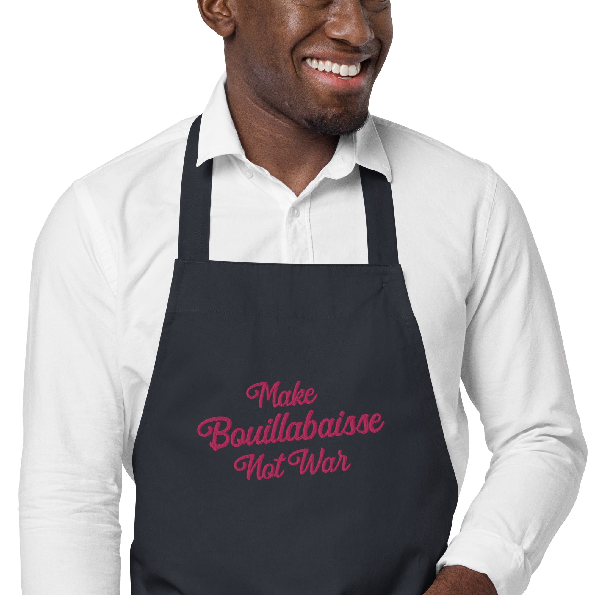 Tablier en coton biologique Make Bouillabaisse Not War Flamingo grand motif brodé