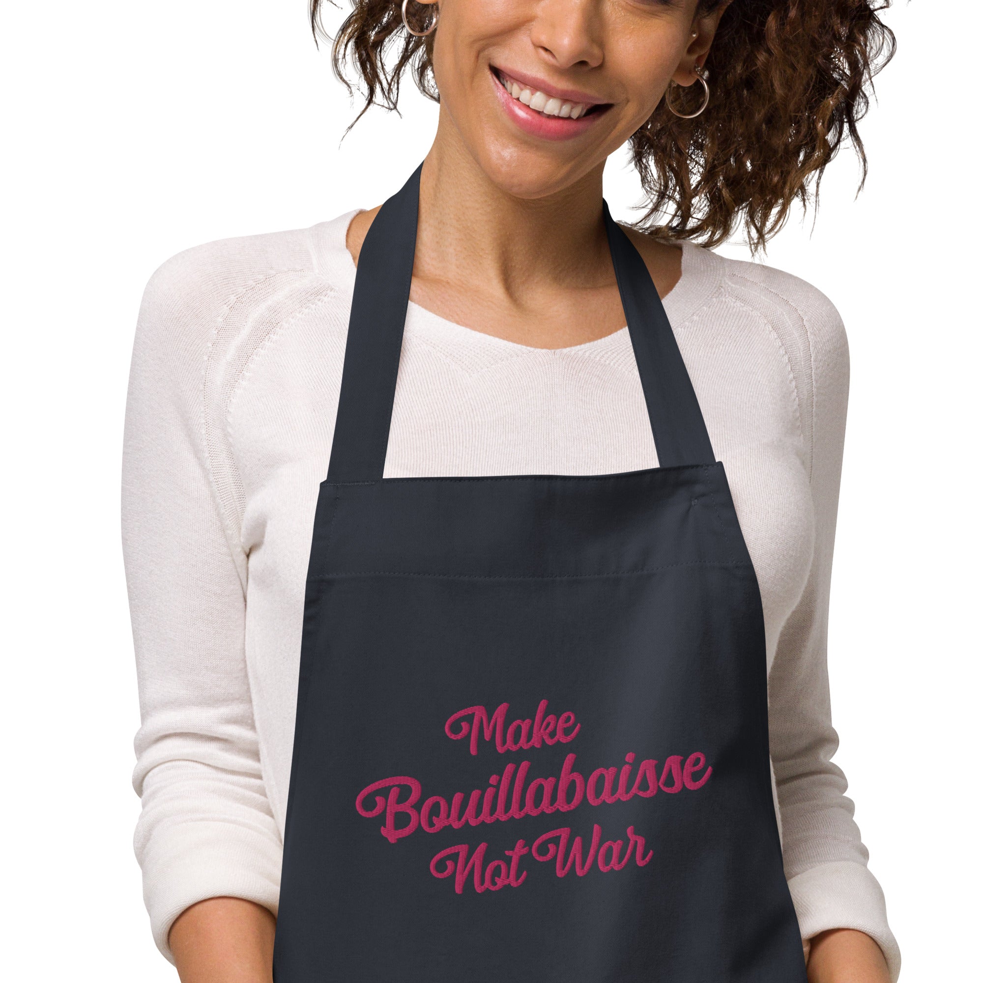 Tablier en coton biologique Make Bouillabaisse Not War Flamingo grand motif brodé