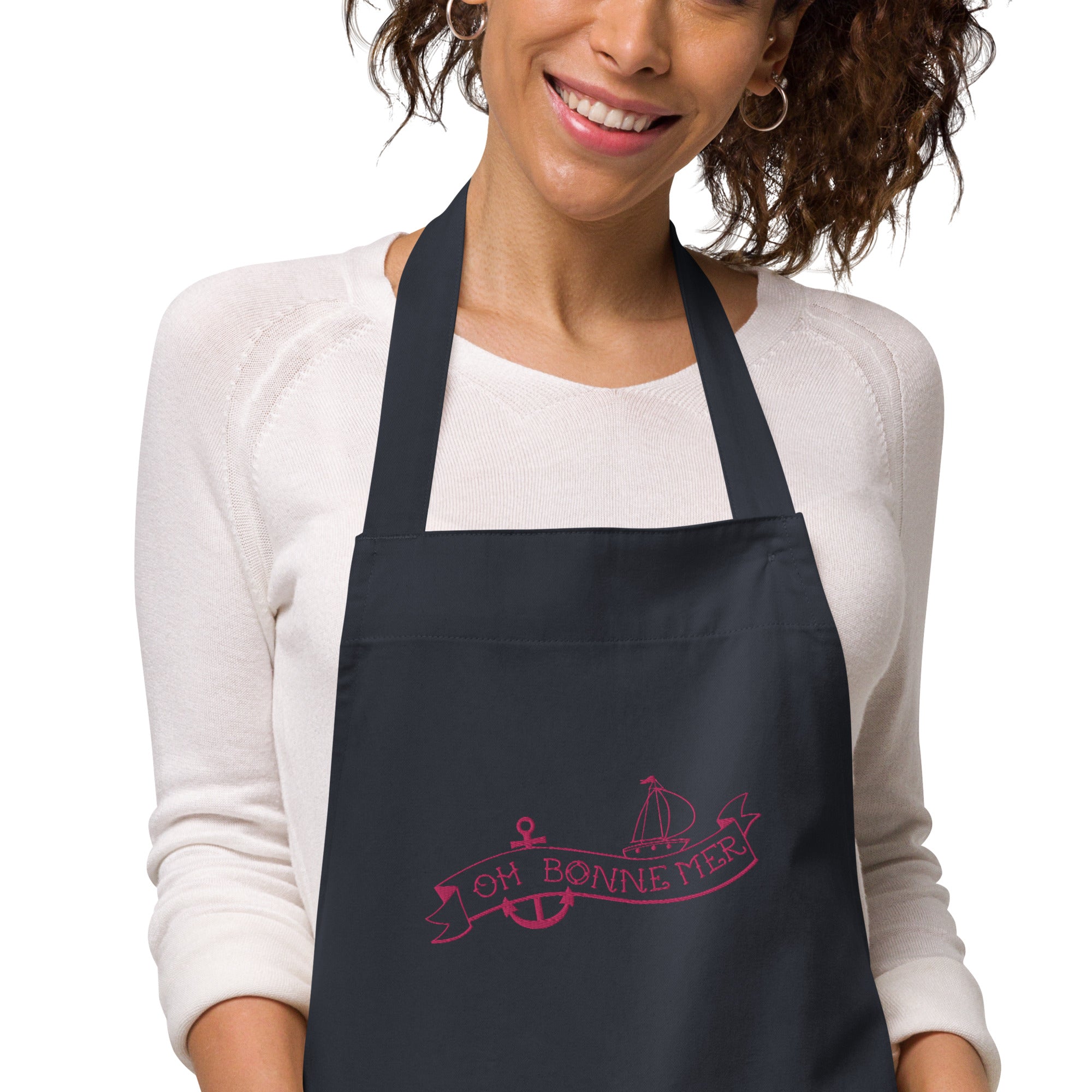 Organic cotton apron Oh Bonne Mer Tattoo flamingo embroidered pattern