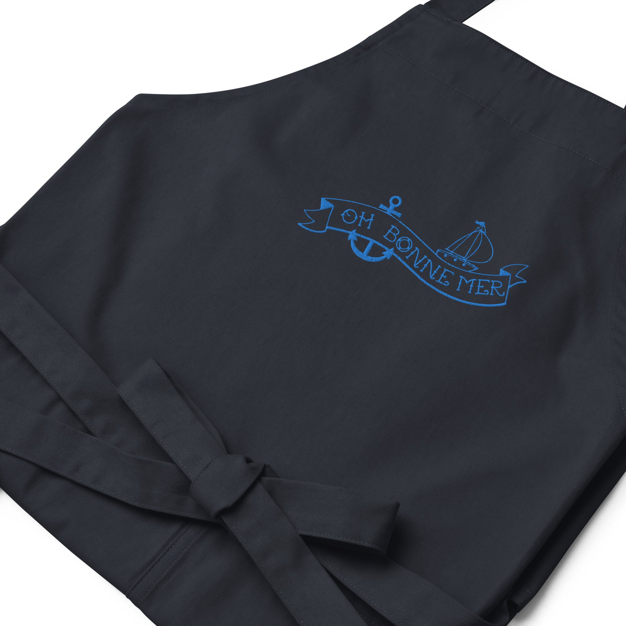 Organic cotton apron Oh Bonne Mer Tattoo blue avio embroidered pattern