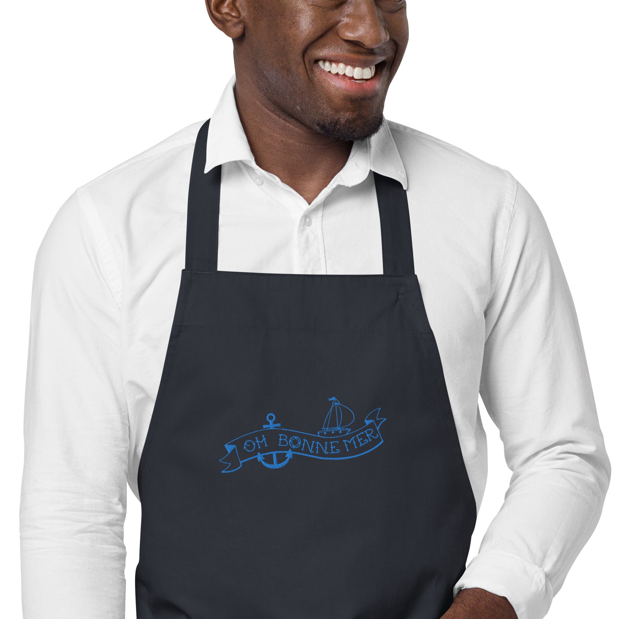 Organic cotton apron Oh Bonne Mer Tattoo blue avio embroidered pattern