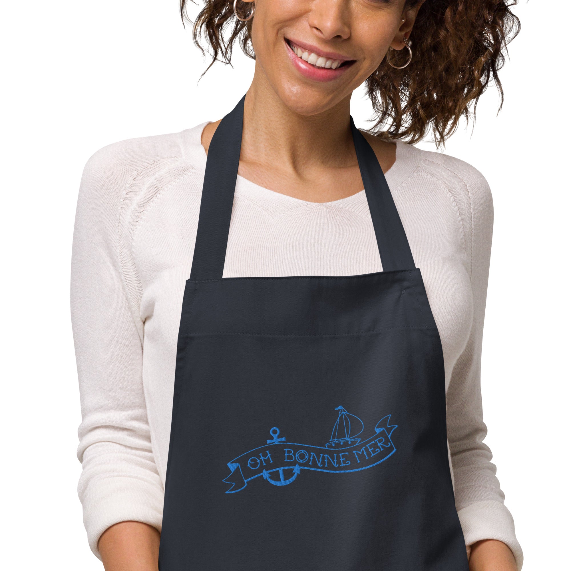 Organic cotton apron Oh Bonne Mer Tattoo blue avio embroidered pattern