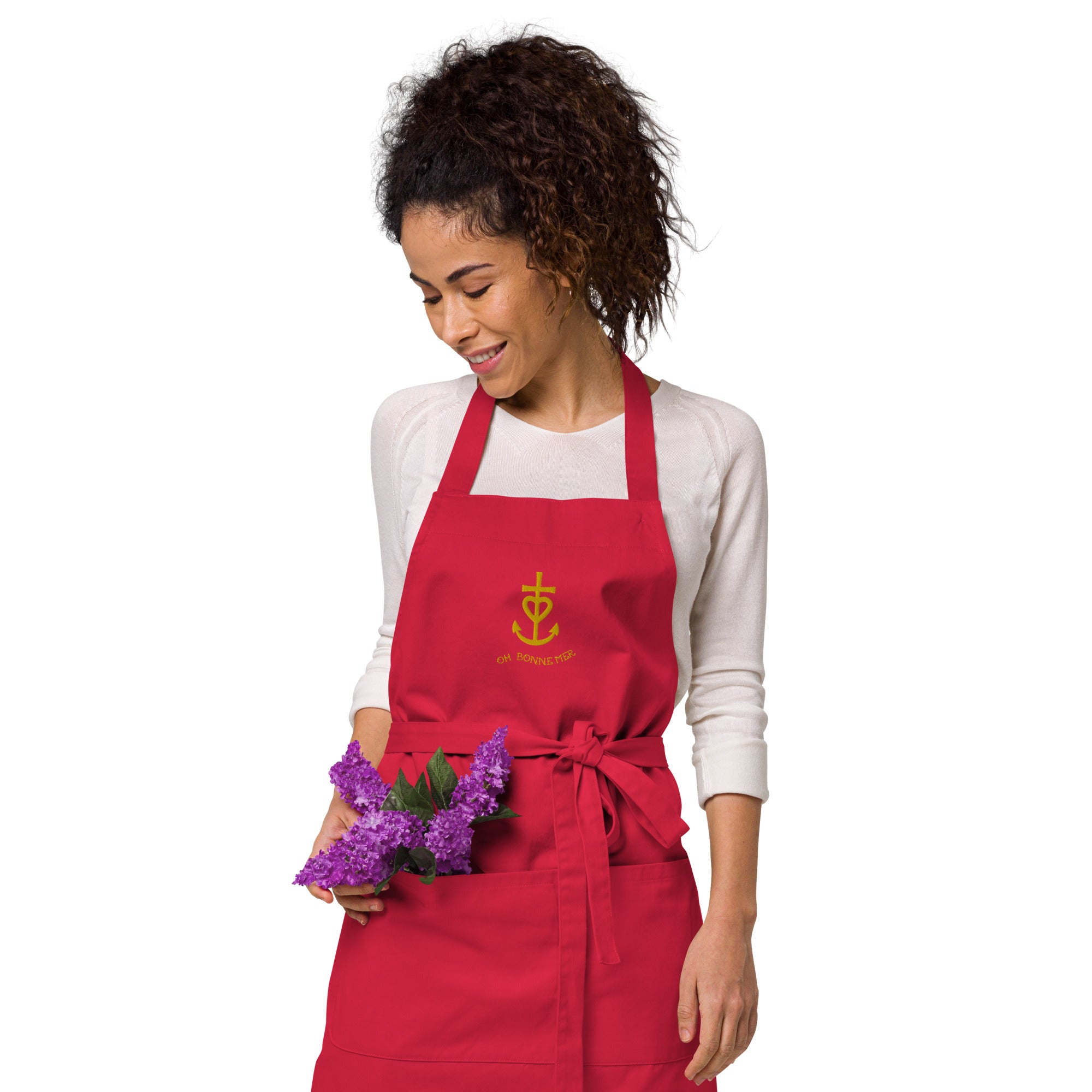 Organic cotton apron Camargue Cross gold embroidered pattern