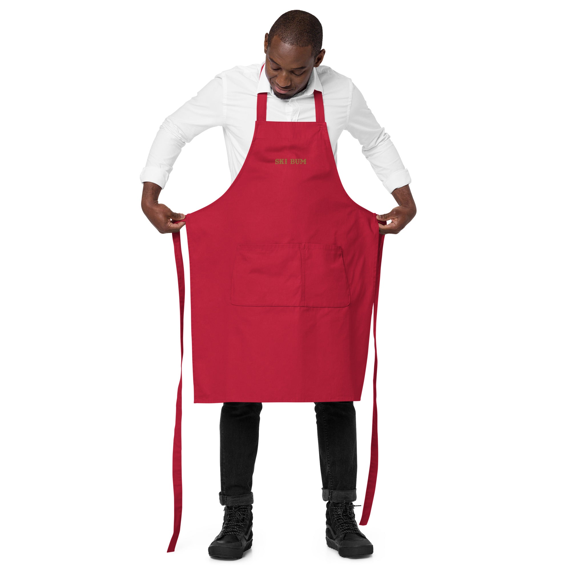 Organic cotton apron Ski Bum embroidered pattern