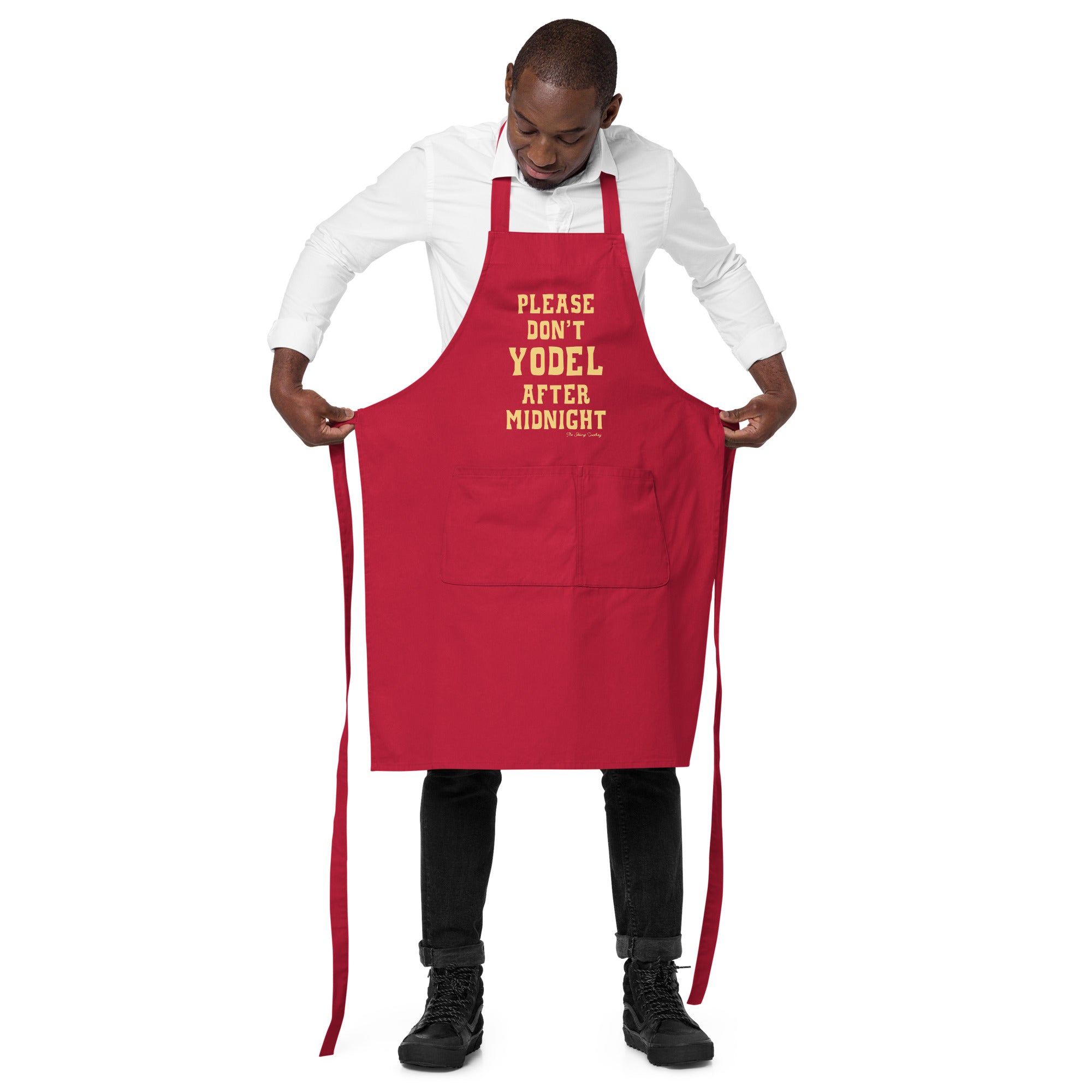 Organic cotton apron Don't Yodel After Midnight light text