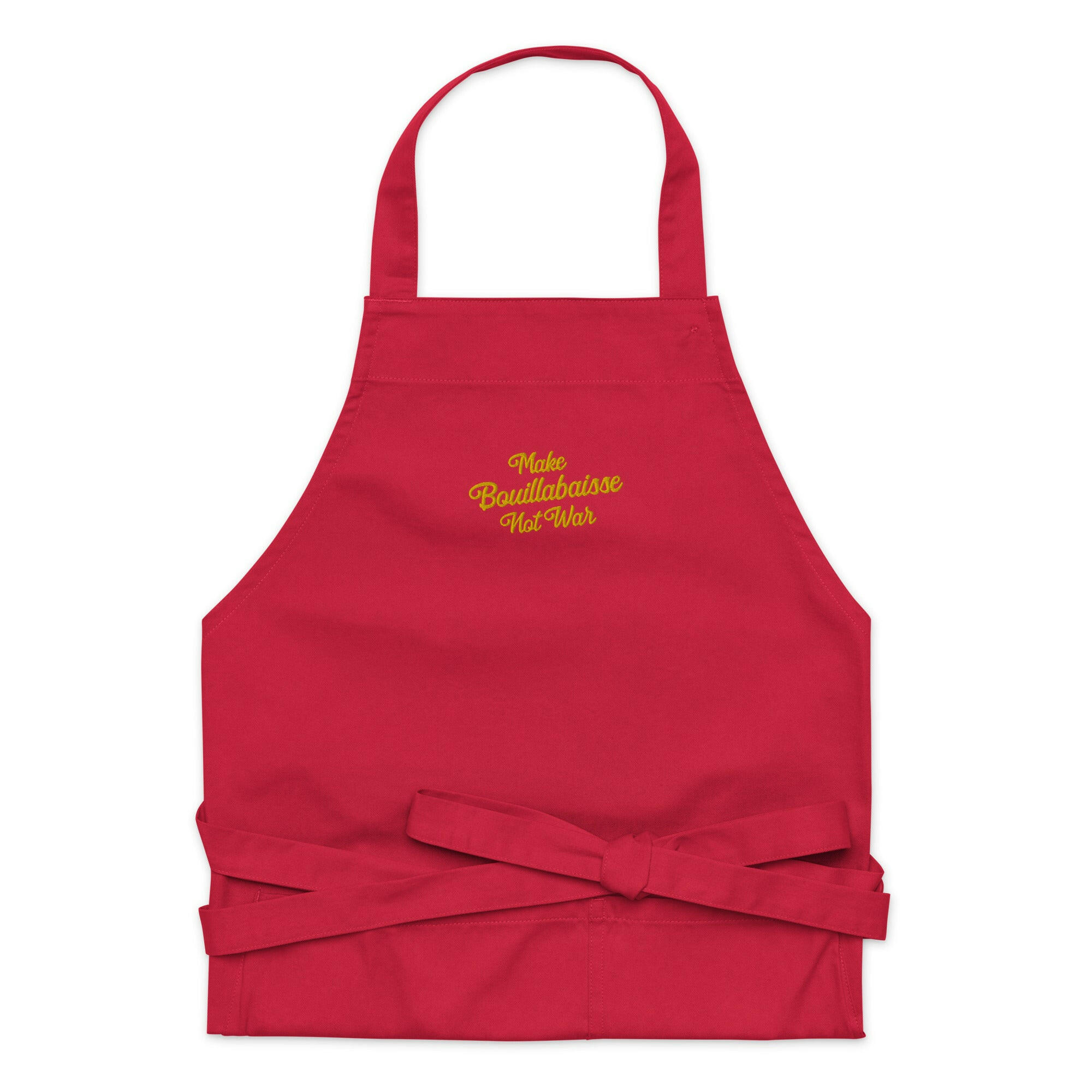 Organic cotton apron Make Bouillabaisse Not War Embroidered pattern