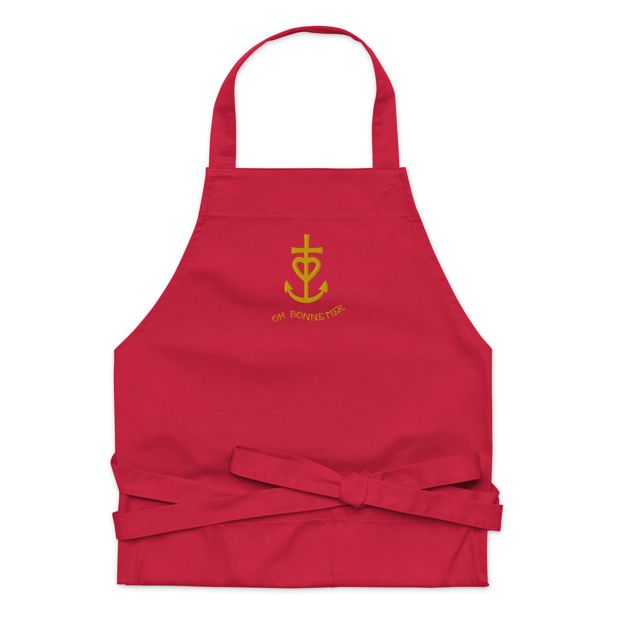 Organic cotton apron Camargue Cross gold embroidered pattern