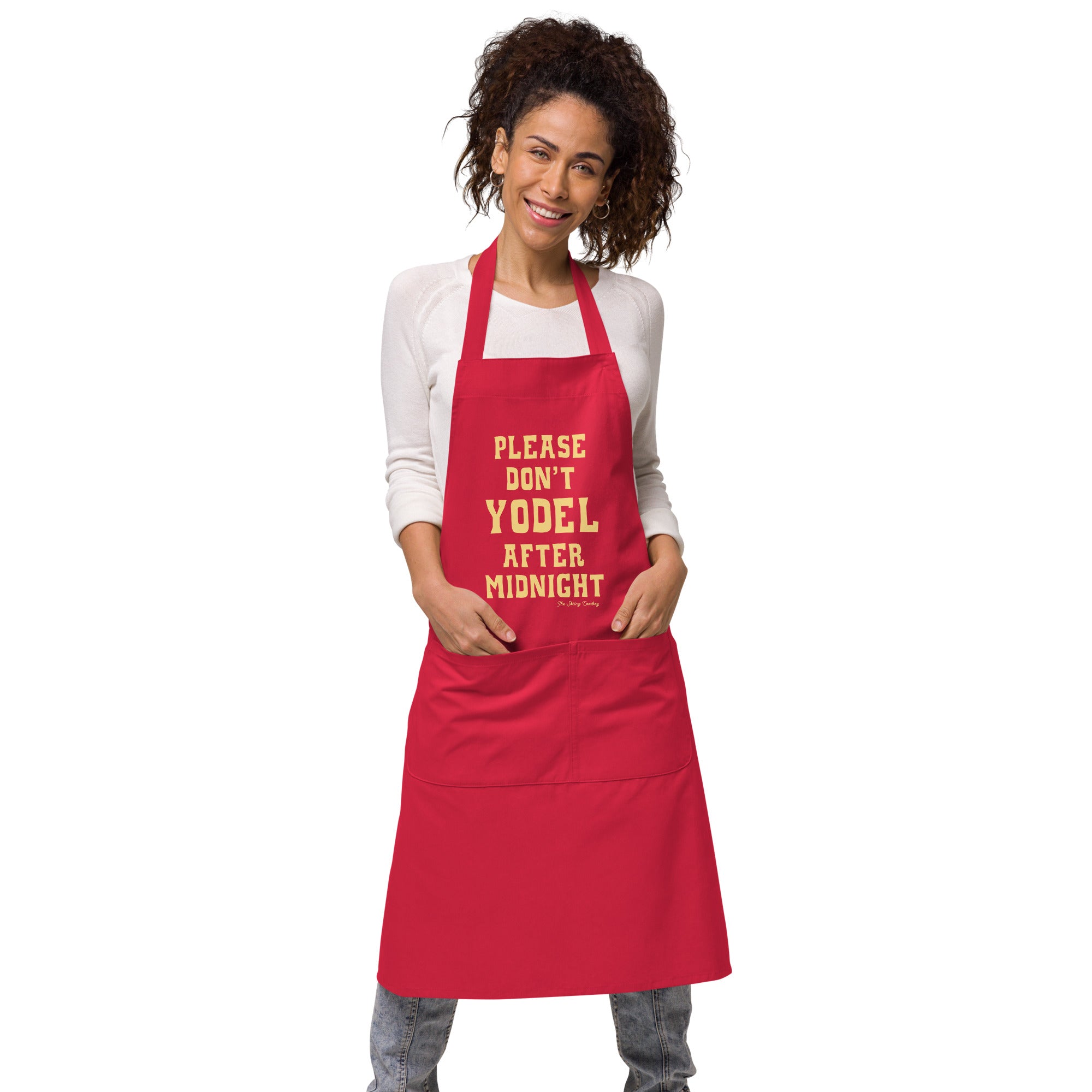 Organic cotton apron Don't Yodel After Midnight light text