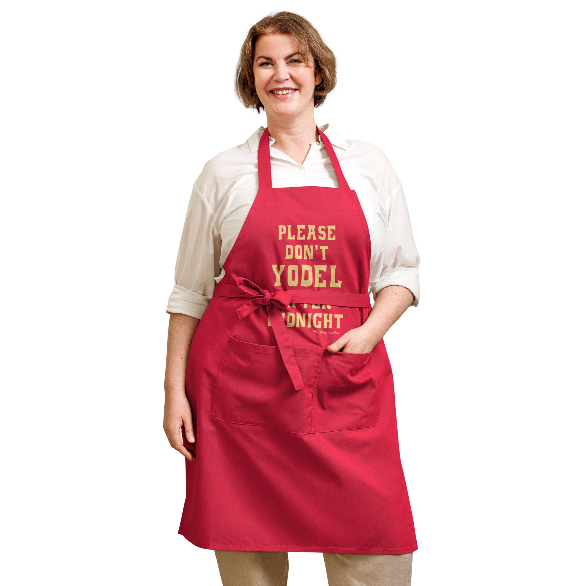 Organic cotton apron Don't Yodel After Midnight light text