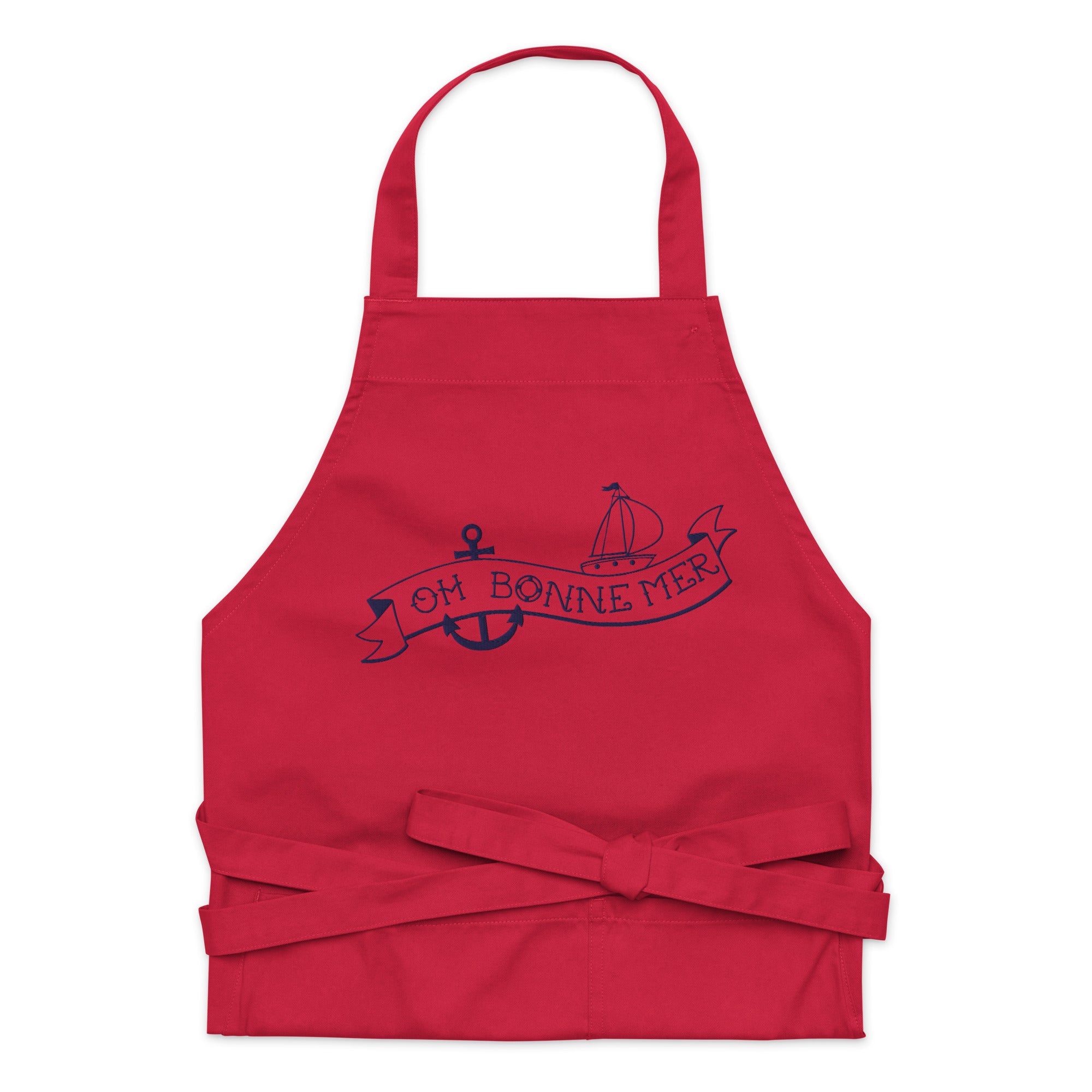 Organic cotton apron Oh Bonne Mer Tattoo large navy embroidered pattern