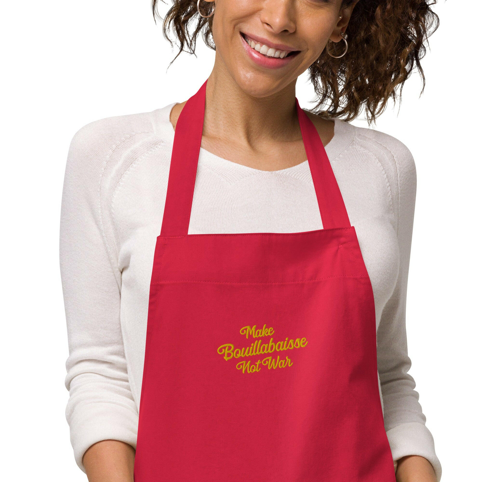 Organic cotton apron Make Bouillabaisse Not War Embroidered pattern