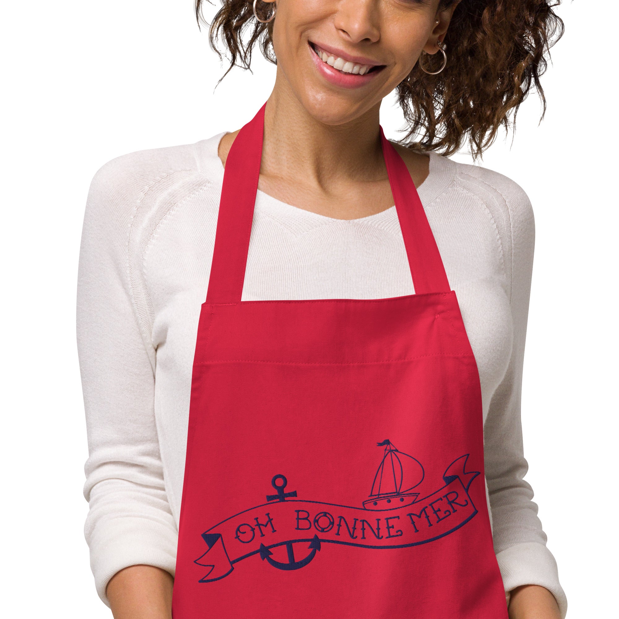 Organic cotton apron Oh Bonne Mer Tattoo large navy embroidered pattern