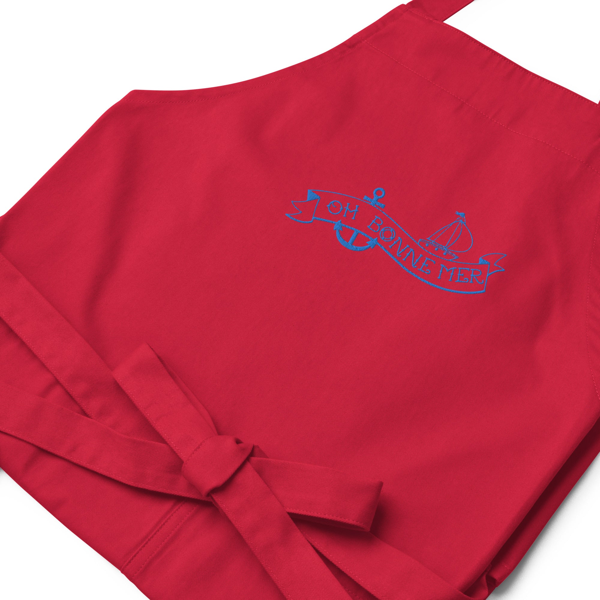 Organic cotton apron Oh Bonne Mer Tattoo blue avio embroidered pattern