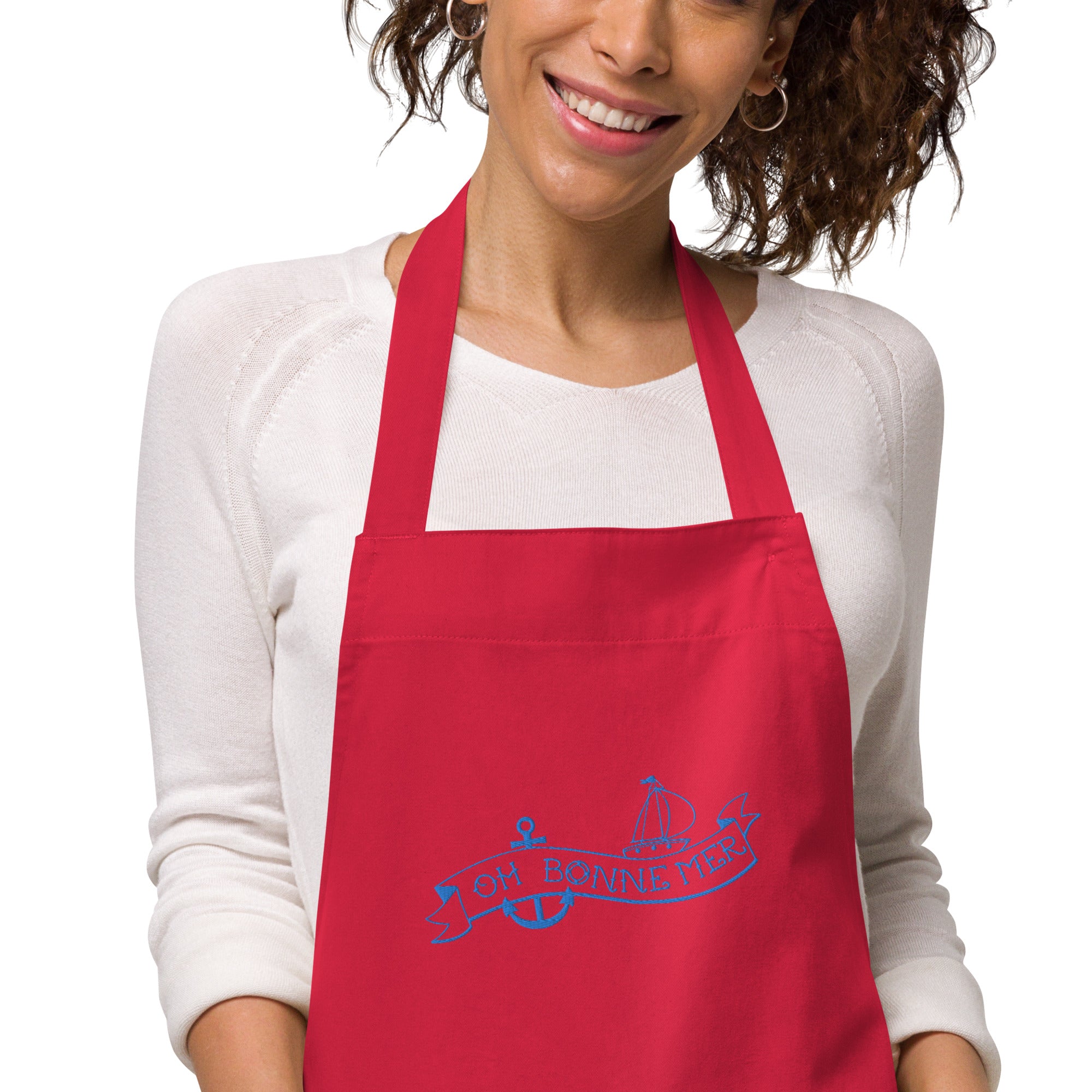 Organic cotton apron Oh Bonne Mer Tattoo blue avio embroidered pattern