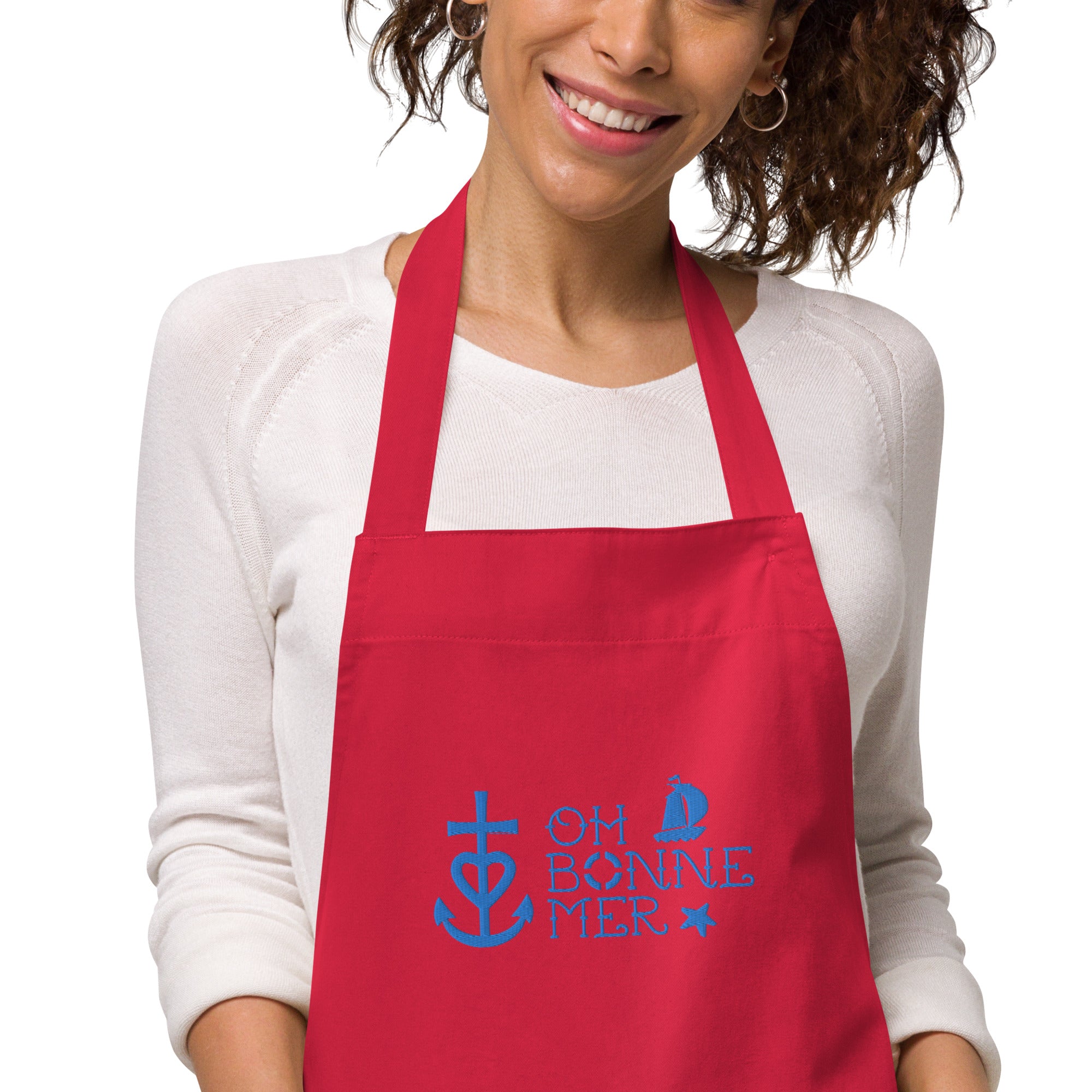 Organic cotton apron Oh Bonne Mer 2 large blue avio embroidered pattern