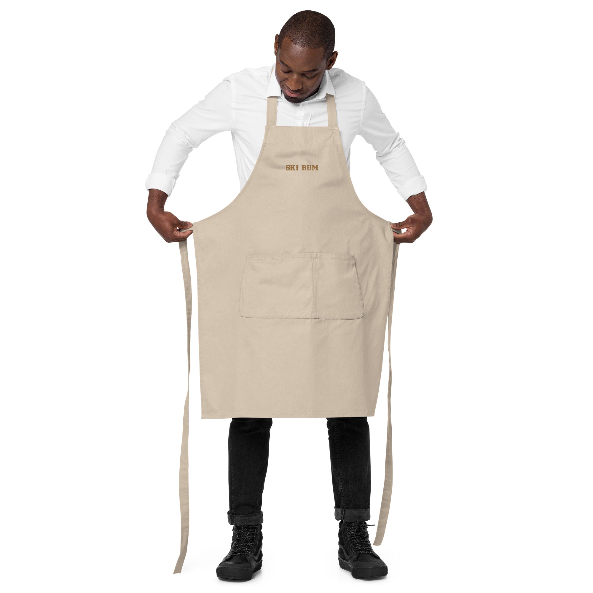 Organic cotton apron Ski Bum embroidered pattern