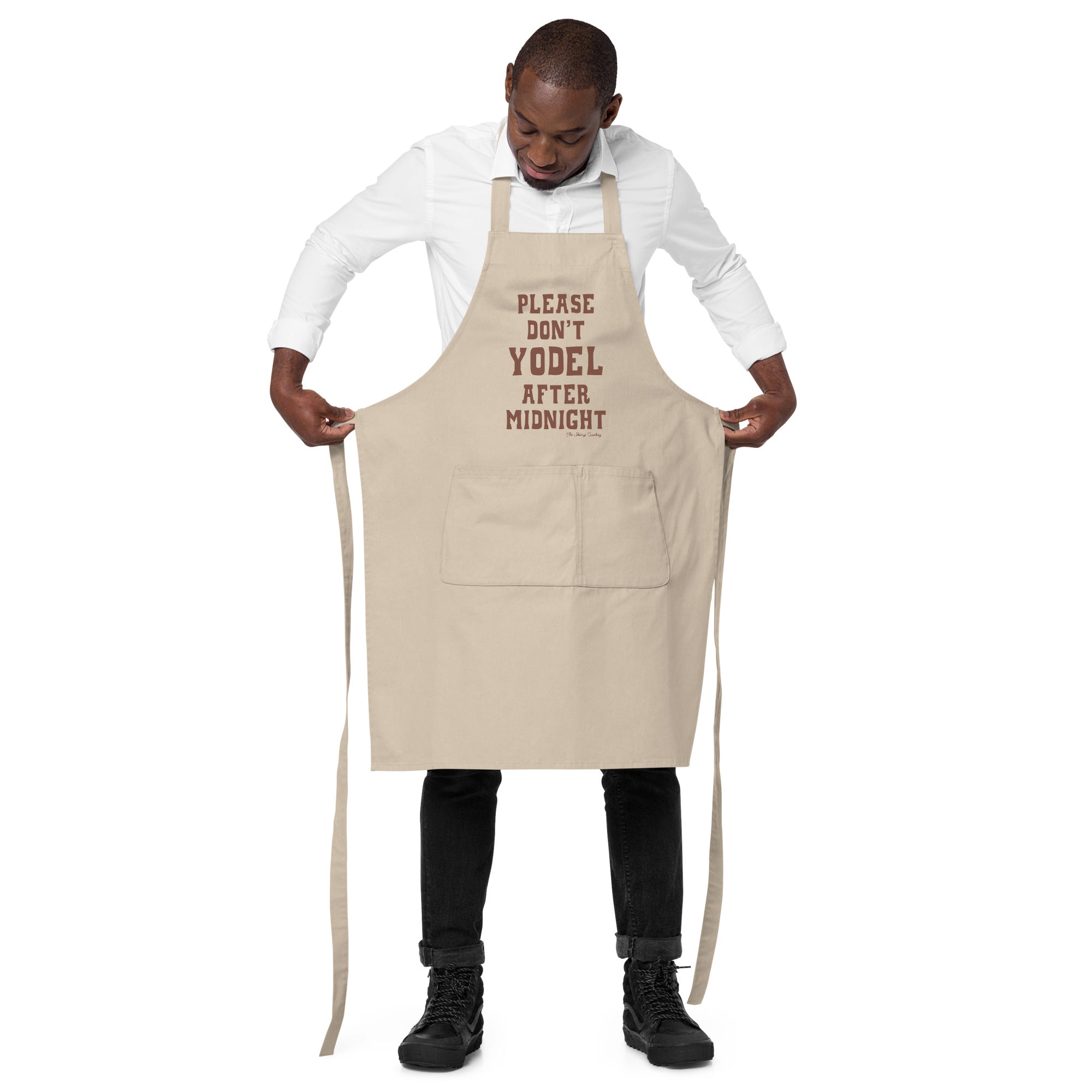 Organic cotton apron Don't Yodel After Midnight dark text