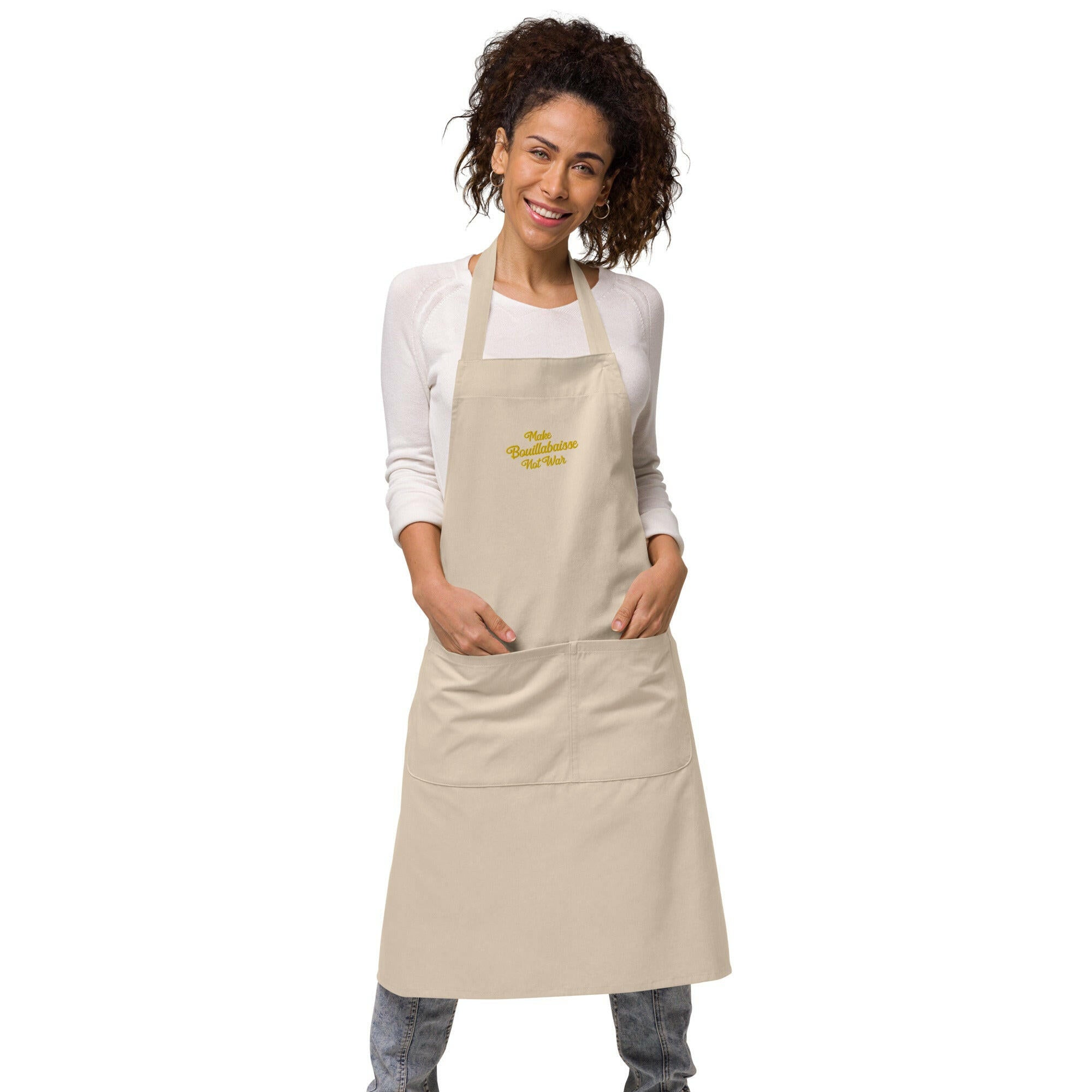 Organic cotton apron Make Bouillabaisse Not War Embroidered pattern