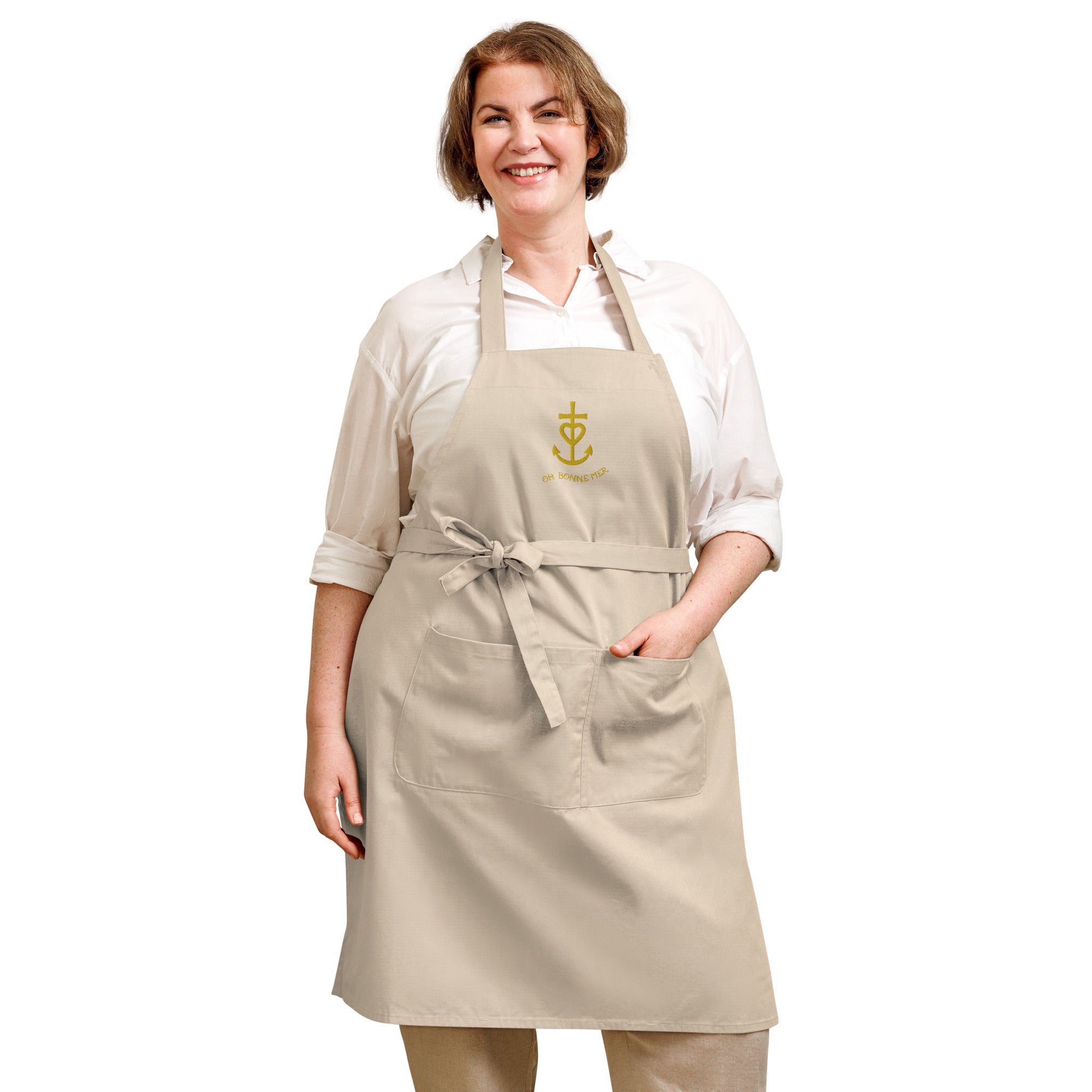 Organic cotton apron Camargue Cross gold embroidered pattern