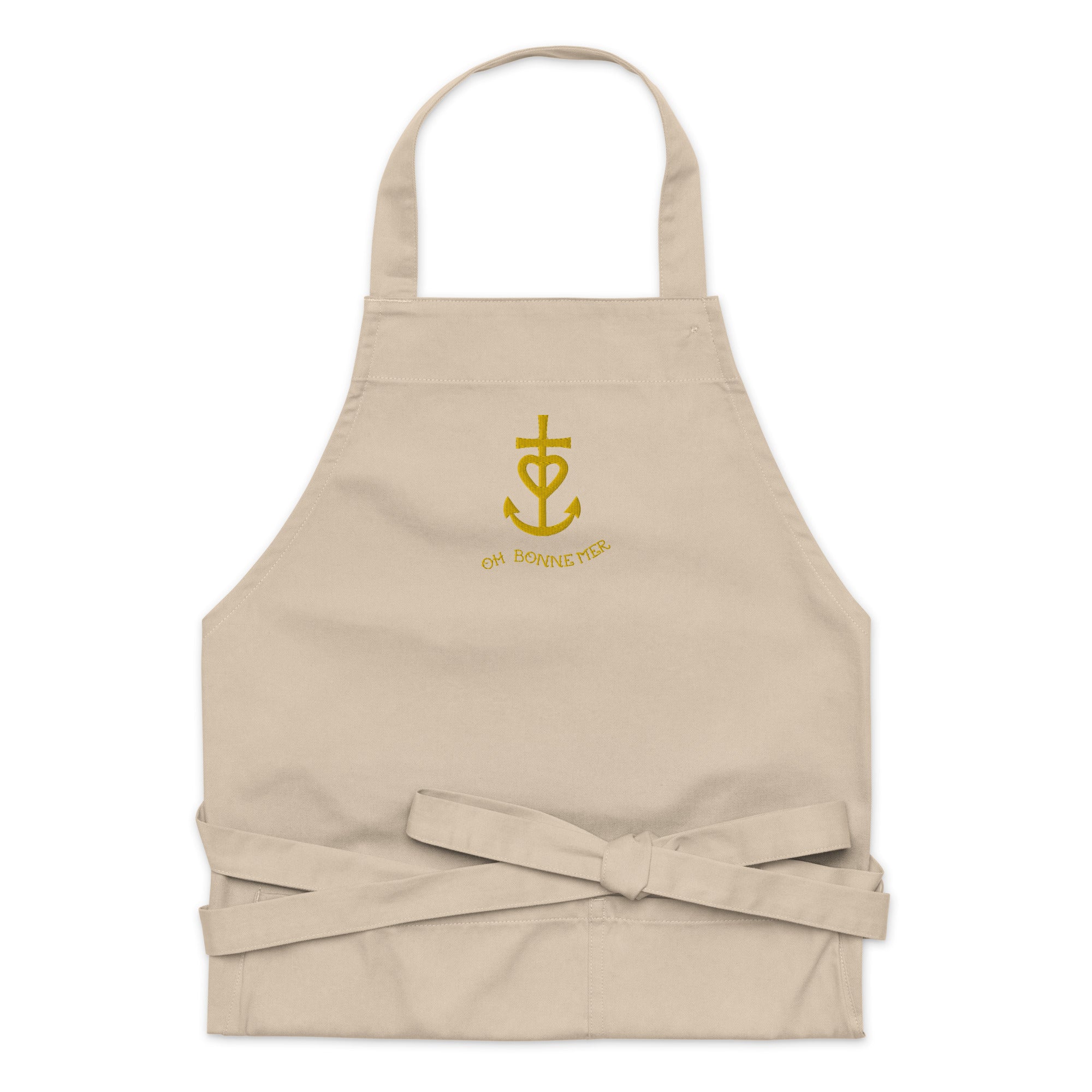 Organic cotton apron Camargue Cross gold embroidered pattern