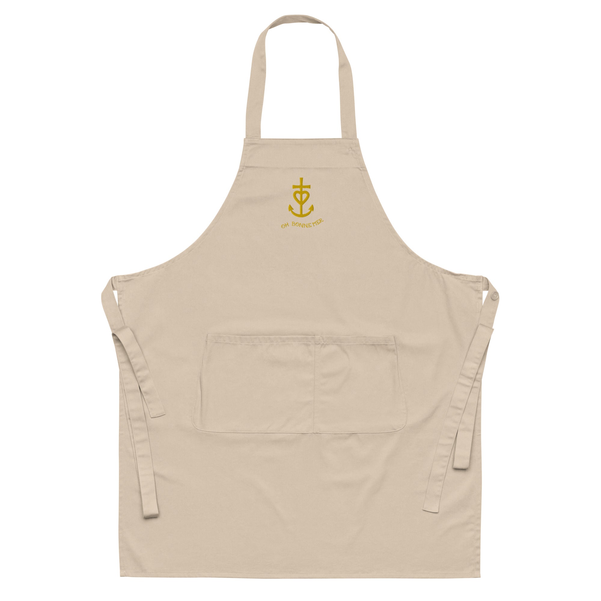 Organic cotton apron Camargue Cross gold embroidered pattern