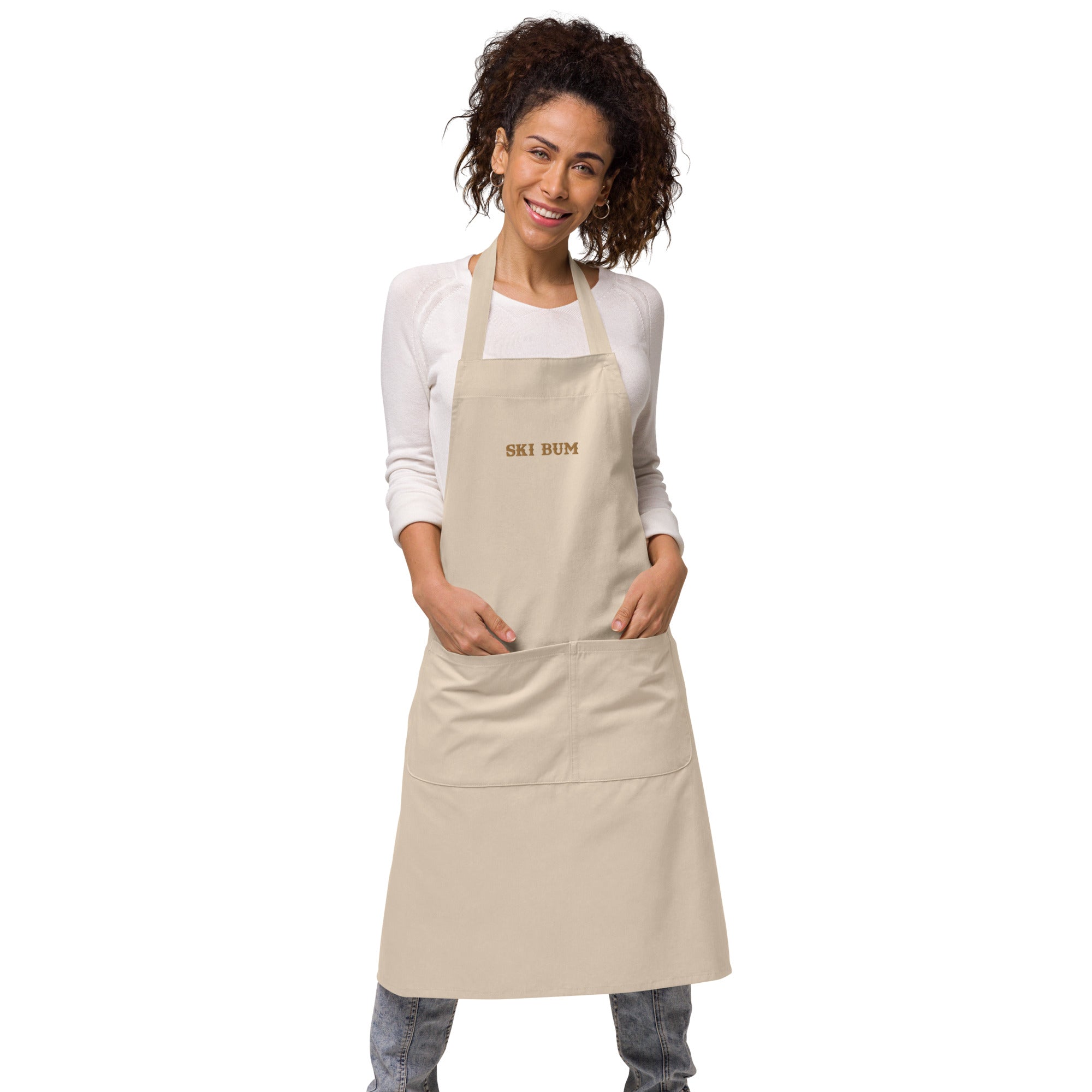 Organic cotton apron Ski Bum embroidered pattern