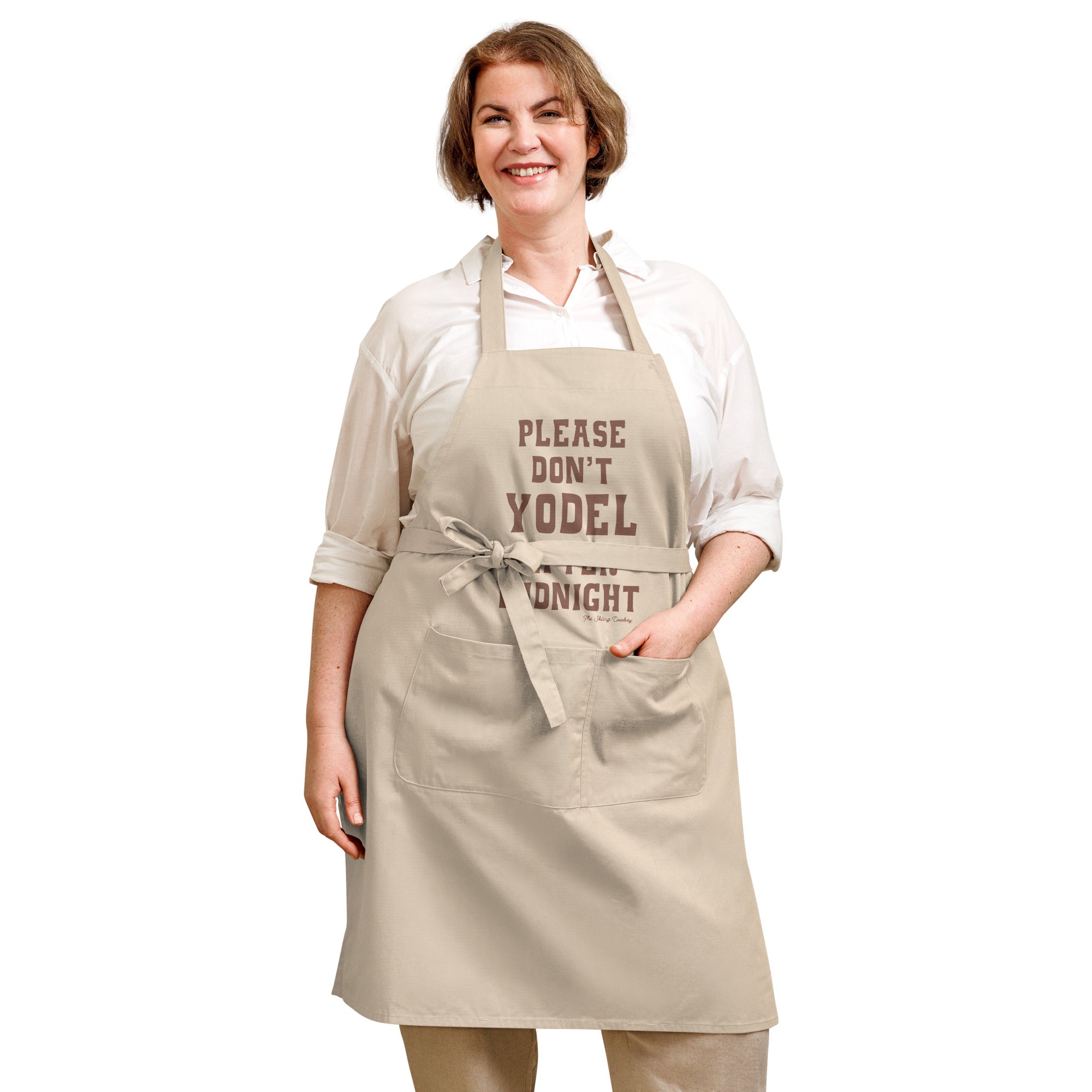 Organic cotton apron Don't Yodel After Midnight dark text
