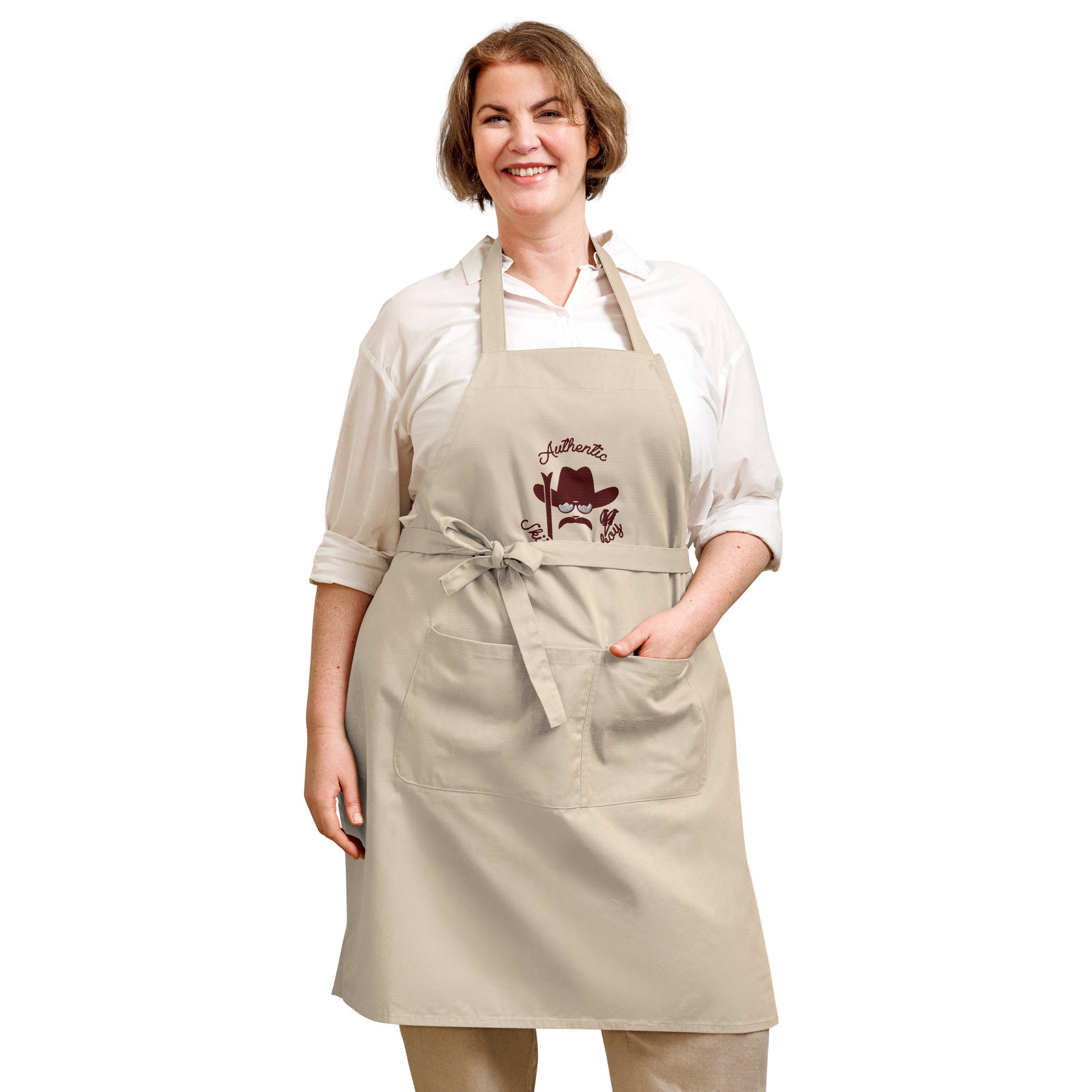 Organic cotton apron Authentic Skiing Cowboy large brown embroidered pattern