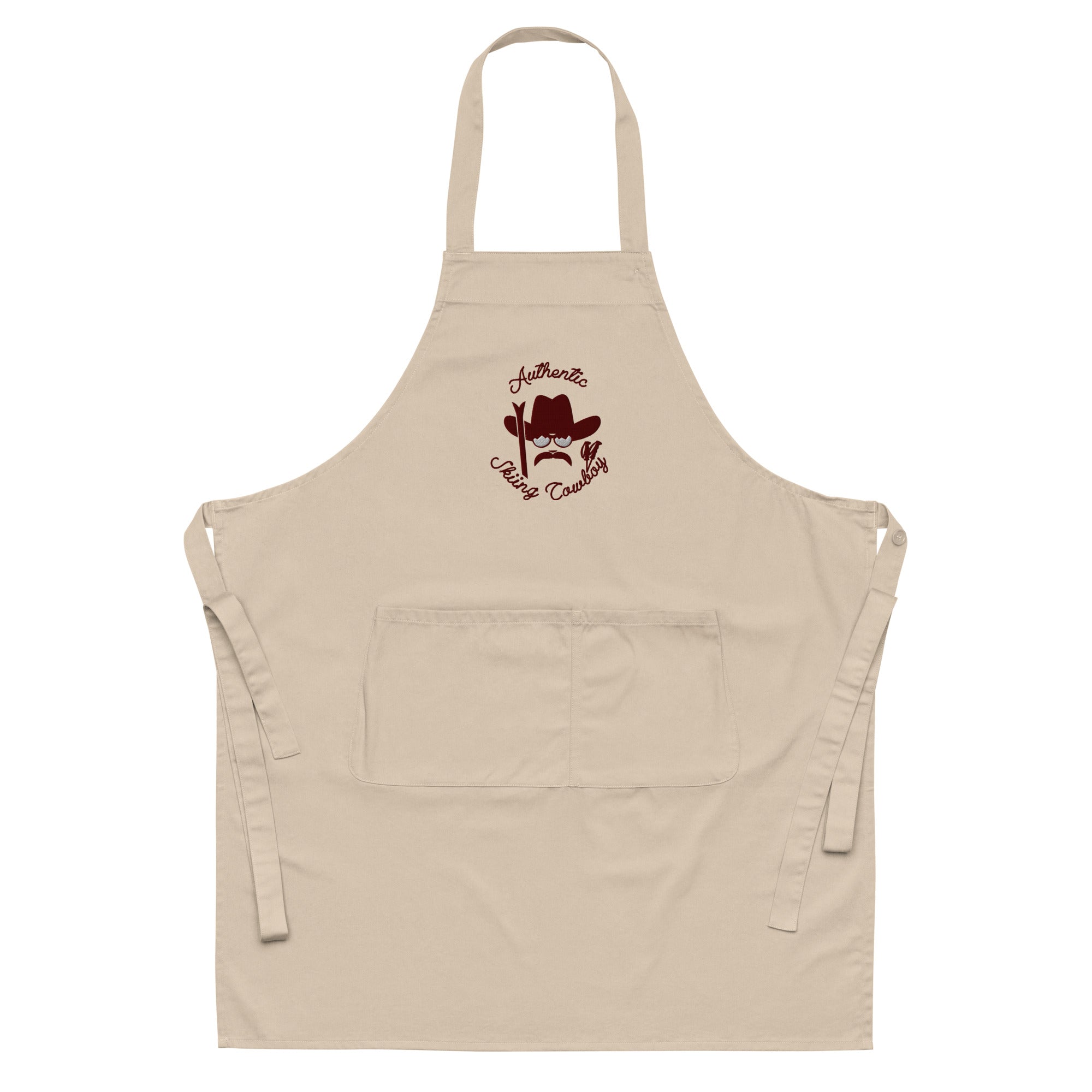 Organic cotton apron Authentic Skiing Cowboy large brown embroidered pattern