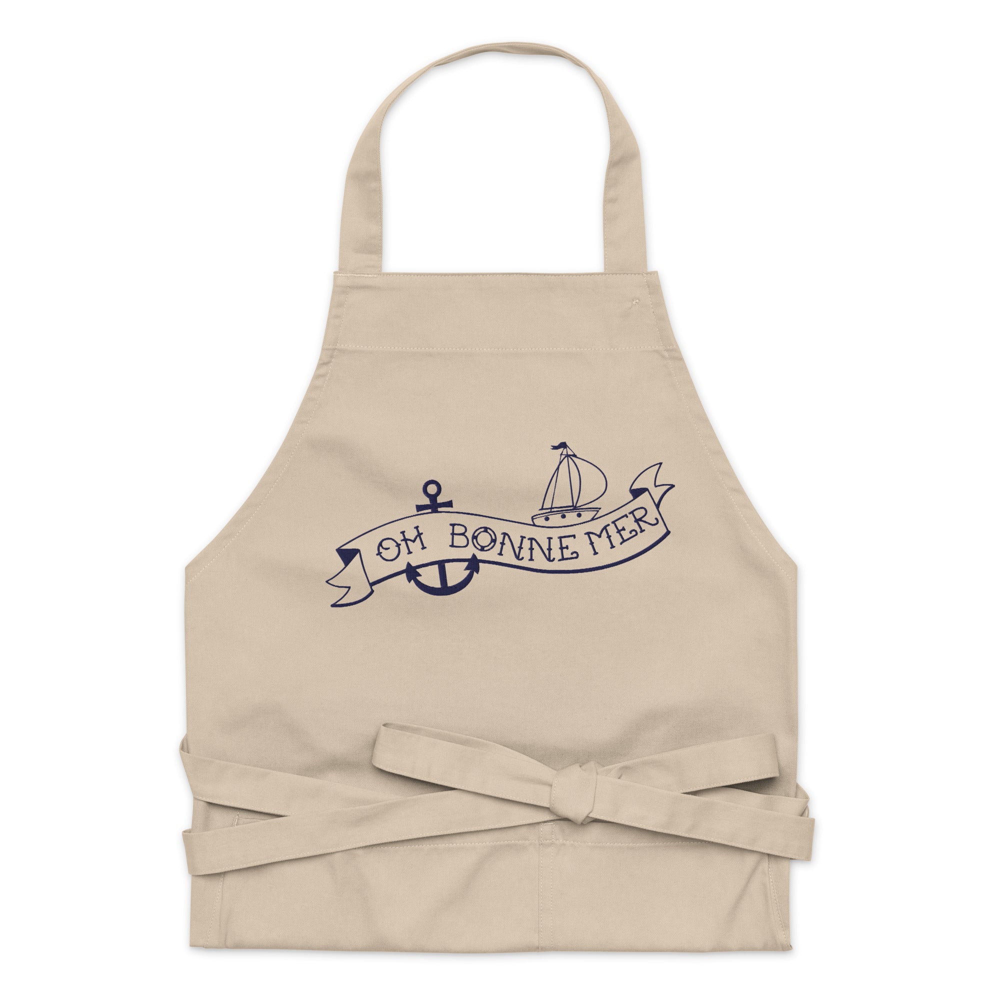 Organic cotton apron Oh Bonne Mer Tattoo large navy embroidered pattern