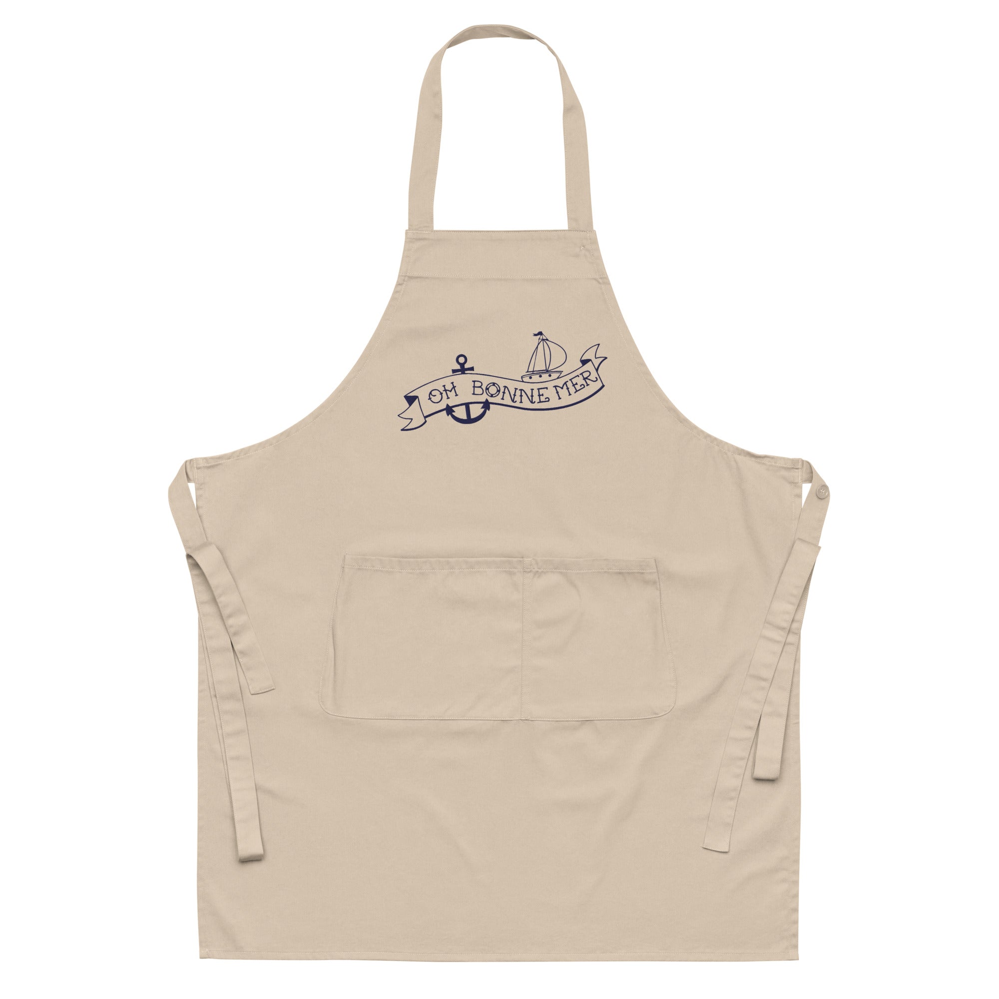 Organic cotton apron Oh Bonne Mer Tattoo large navy embroidered pattern