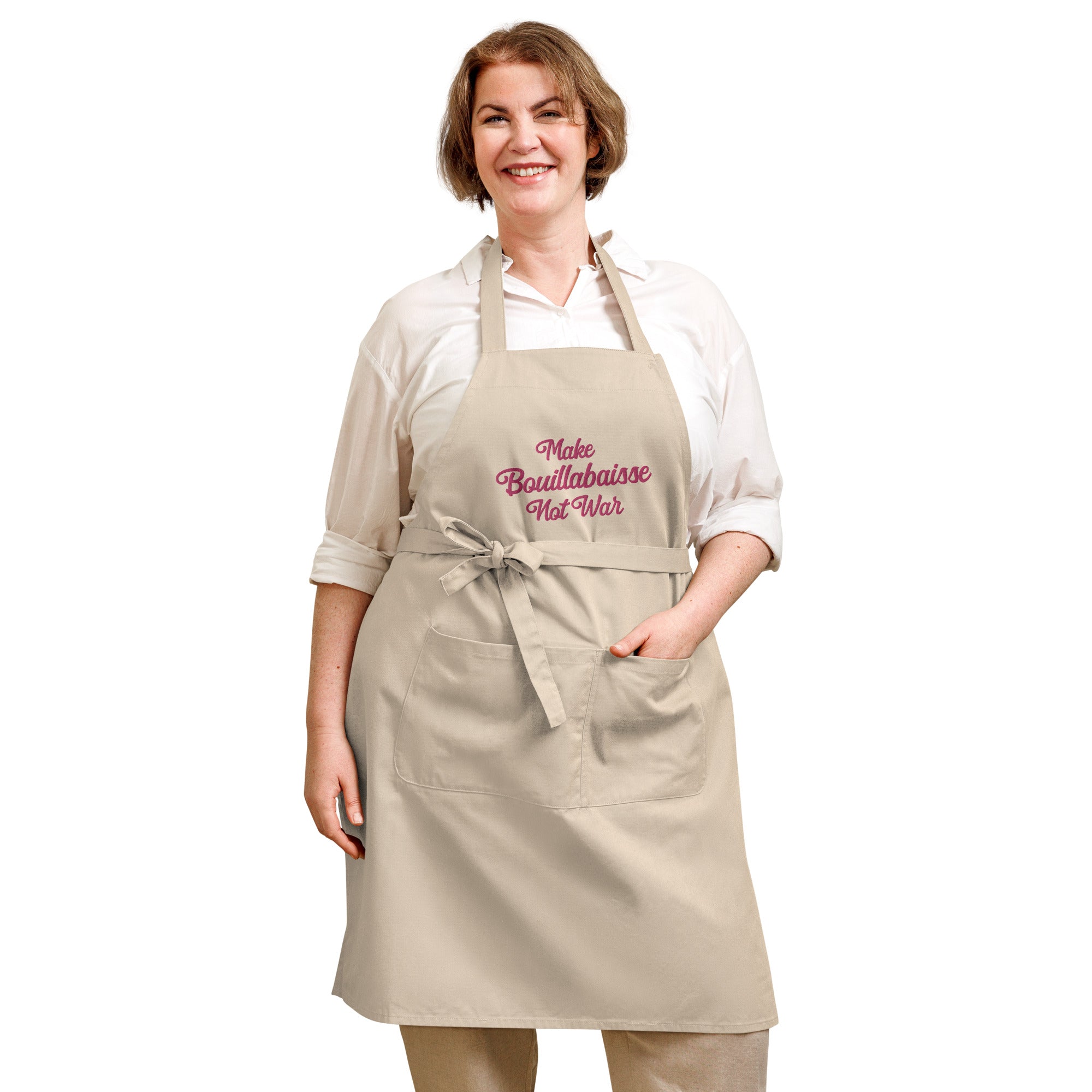 Organic cotton apron Make Bouillabaisse Not War large flamingo embroidered pattern