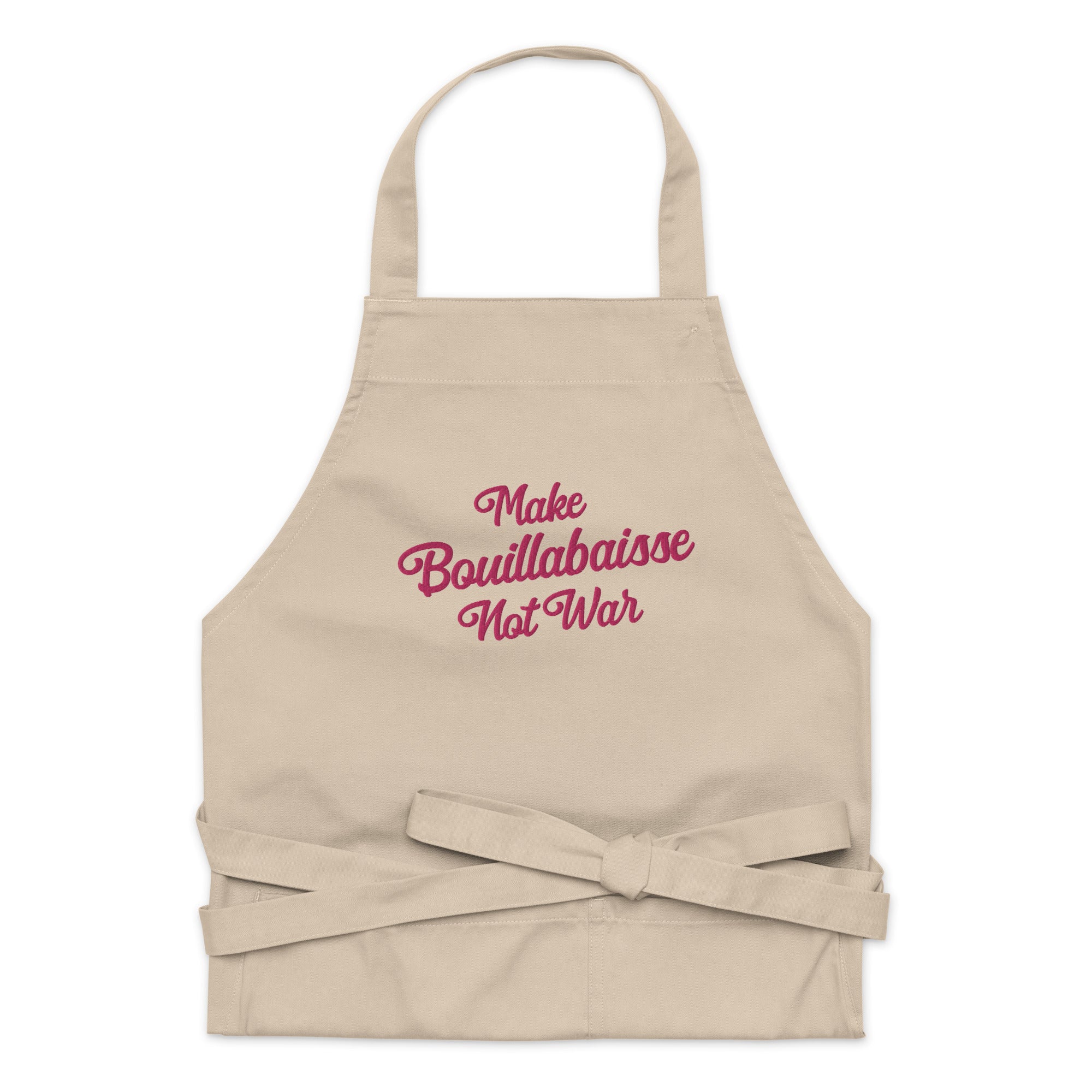 Organic cotton apron Make Bouillabaisse Not War large flamingo embroidered pattern